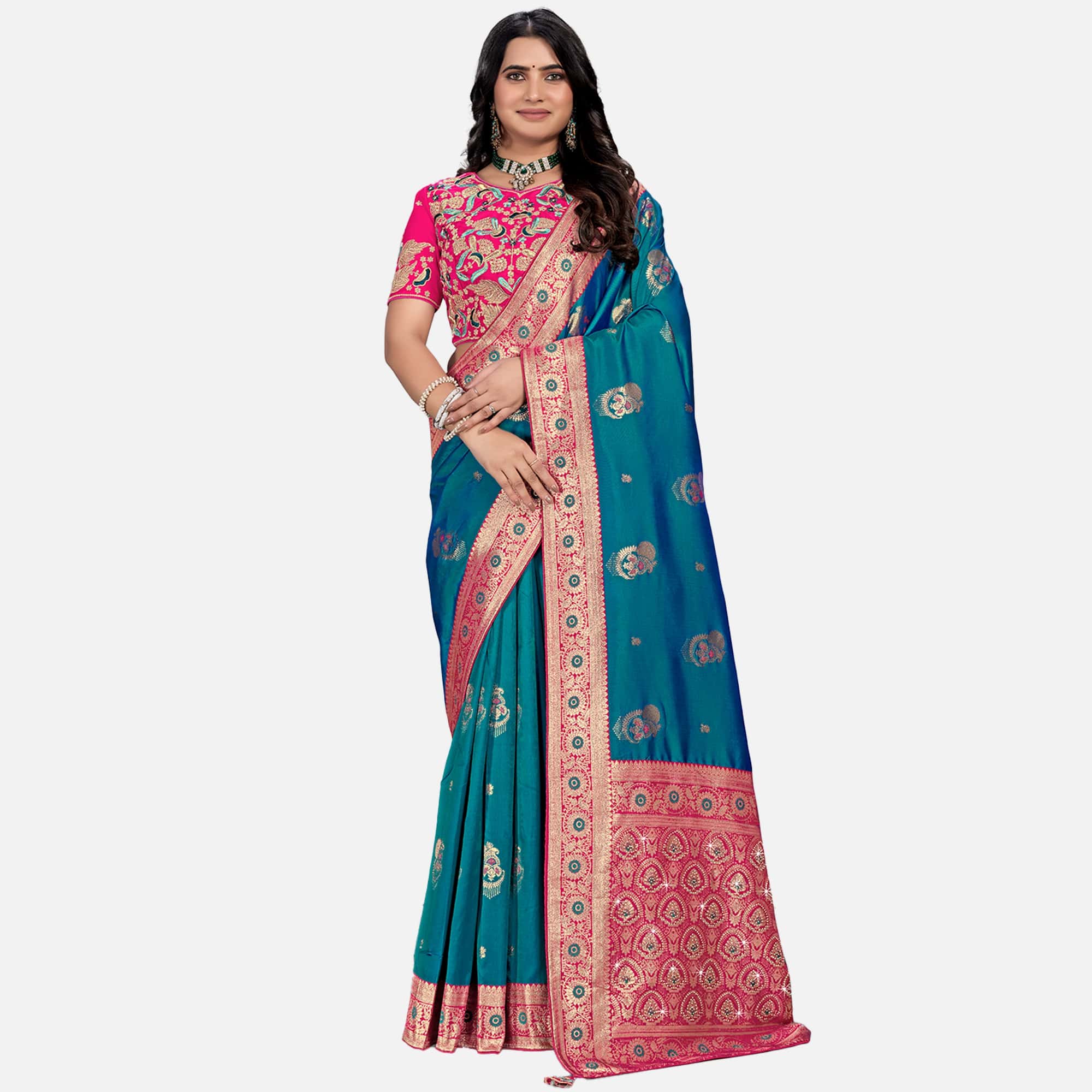 Amolika Sarees Blue & Pink Silk Saree With Fully Stitched Contrast Blouse & Extra Unstitched Blouse Fabric