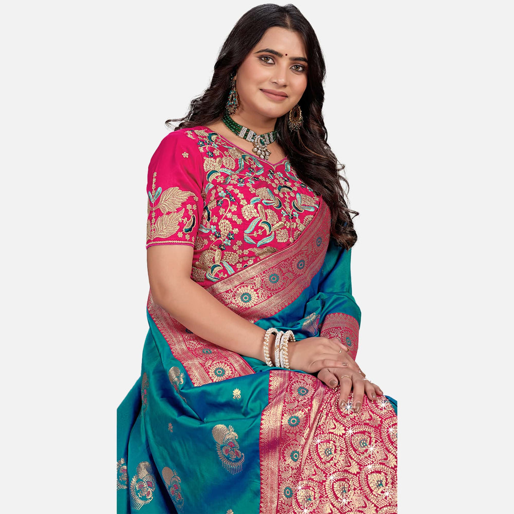Amolika Sarees Blue & Pink Silk Saree With Fully Stitched Contrast Blouse & Extra Unstitched Blouse Fabric