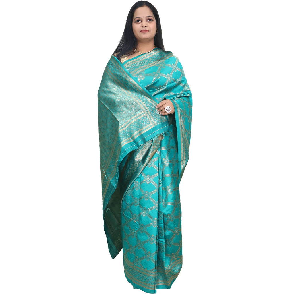 Amolika Sarees Ethnic Teal Green Banarasi Silk Saree With Matching Unstitched Blouse