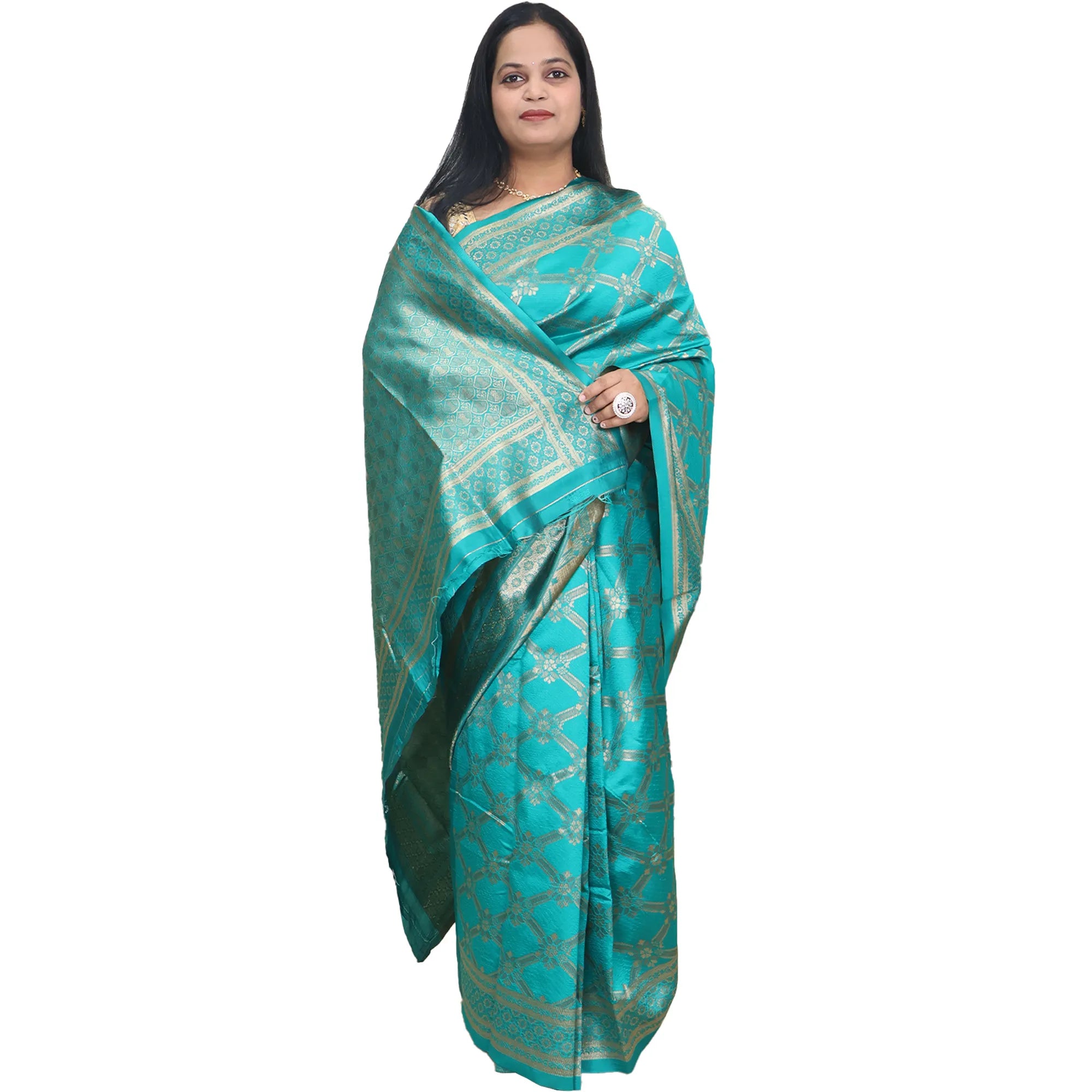 Amolika Sarees Ethnic Teal Green Banarasi Silk Saree With Matching Unstitched Blouse