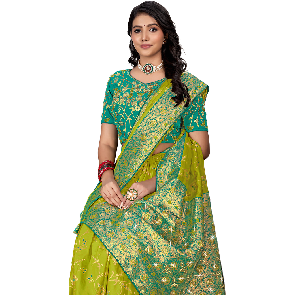 Amolika Sarees Parrot & Sea Green Silk Saree With Fully Stitched Contrast Blouse & Extra Unstitched Blouse Fabric