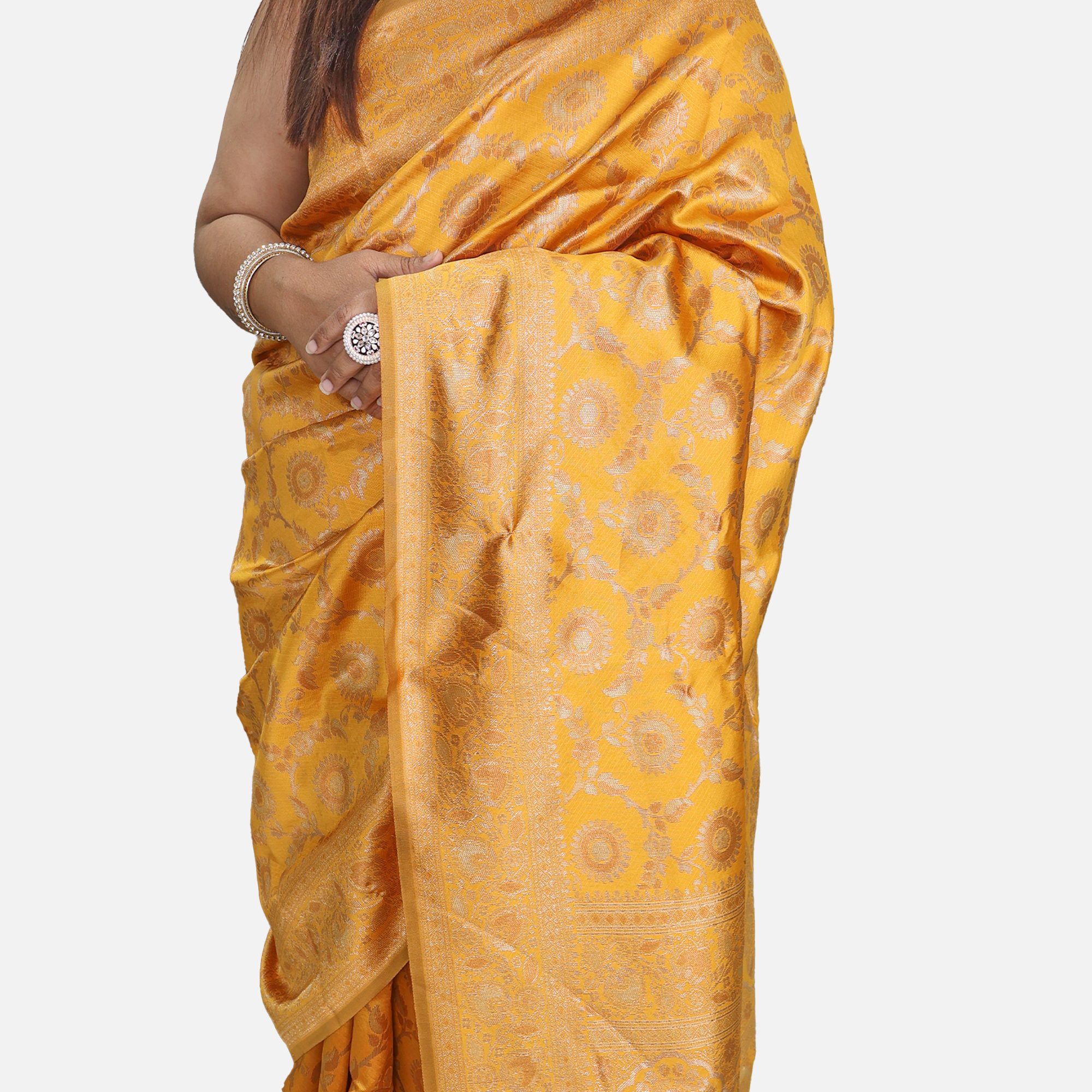 Amolika Sarees Wedding Special Mustard Pure Banarasi Silk Saree With Elegant Gold Zari Weaving