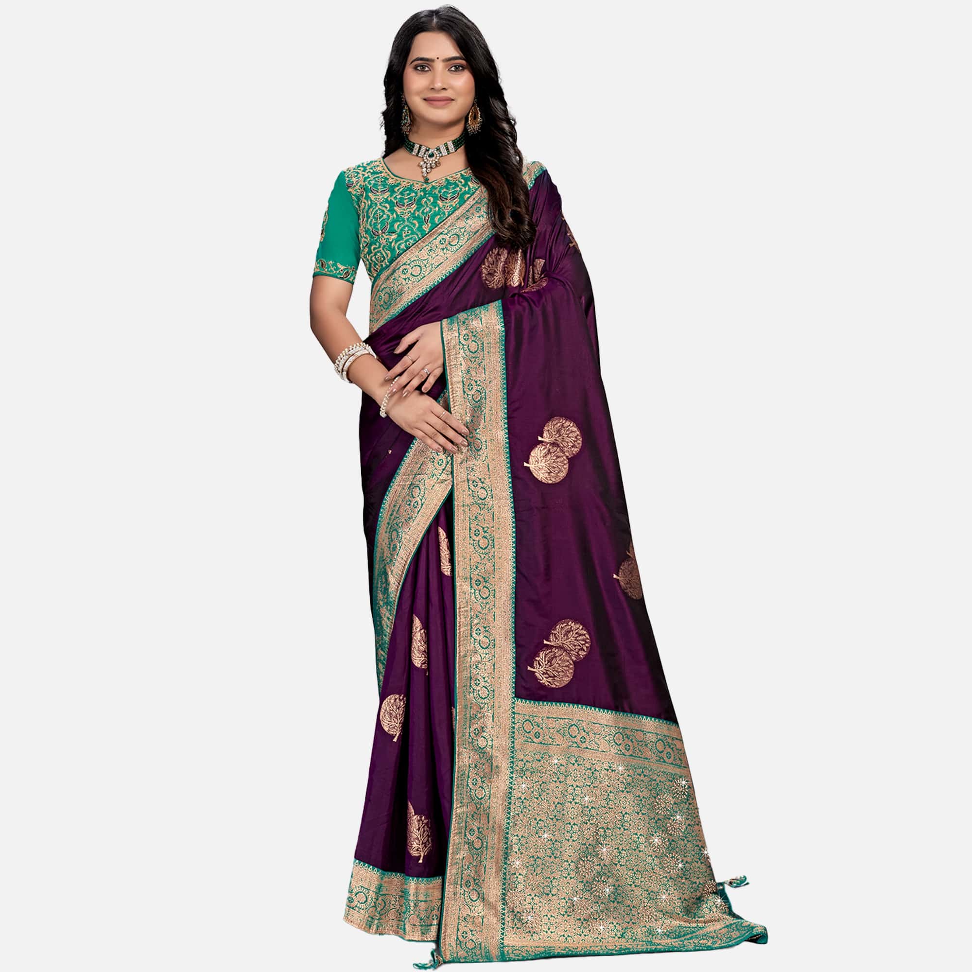 Amolika Sarees Deep Wine & Green Silk Saree With Fully Stitched Contrast Blouse & Extra Unstitched Blouse Fabric