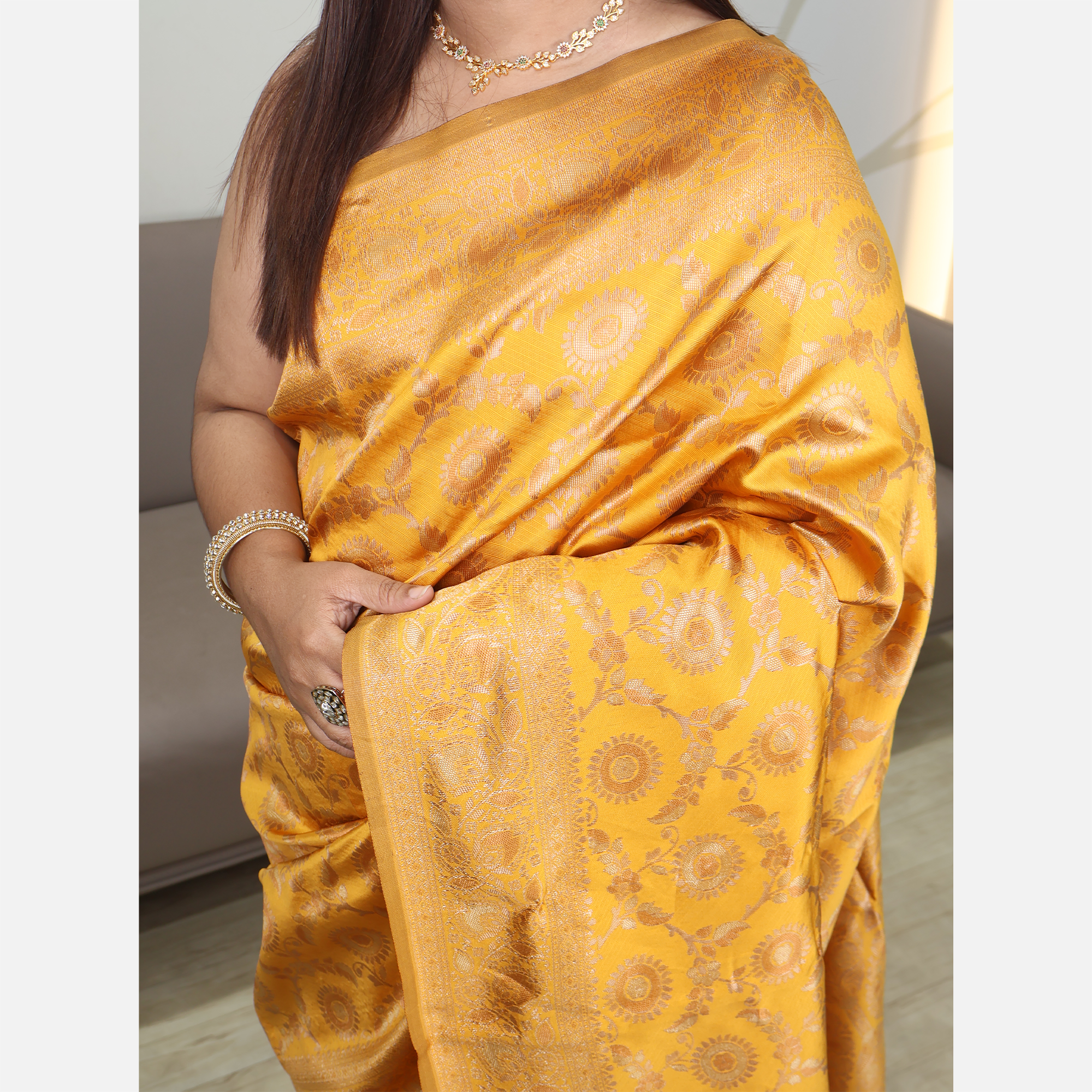 Amolika Sarees Wedding Special Mustard Pure Banarasi Silk Saree With Elegant Gold Zari Weaving
