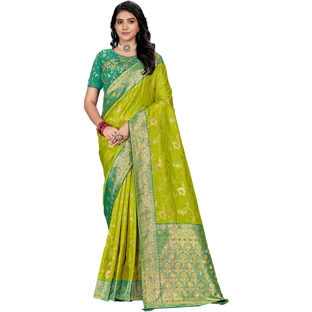 Amolika Sarees Parrot & Sea Green Silk Saree With Fully Stitched Contrast Blouse & Extra Unstitched Blouse Fabric