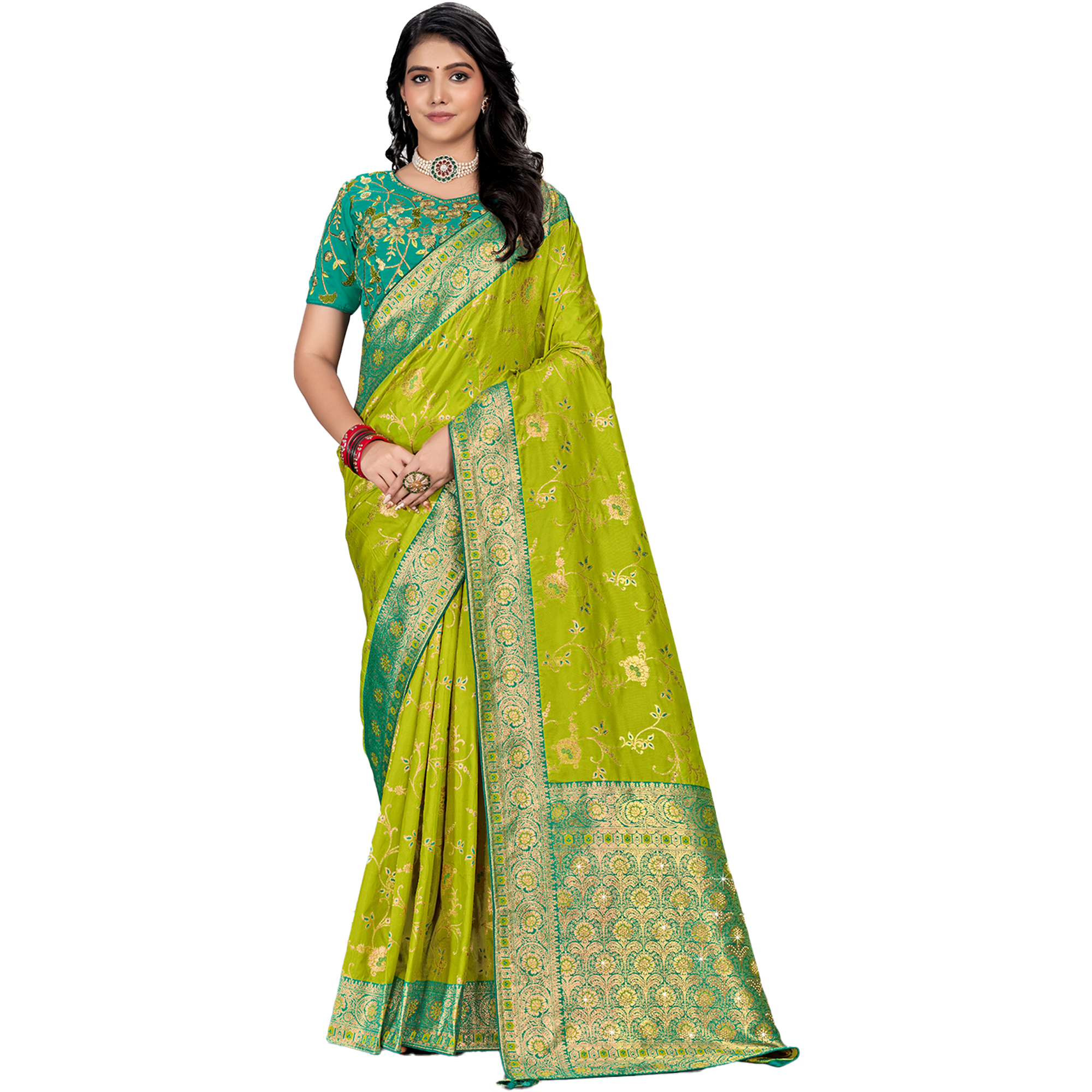 Amolika Sarees Parrot & Sea Green Silk Saree With Fully Stitched Contrast Blouse & Extra Unstitched Blouse Fabric