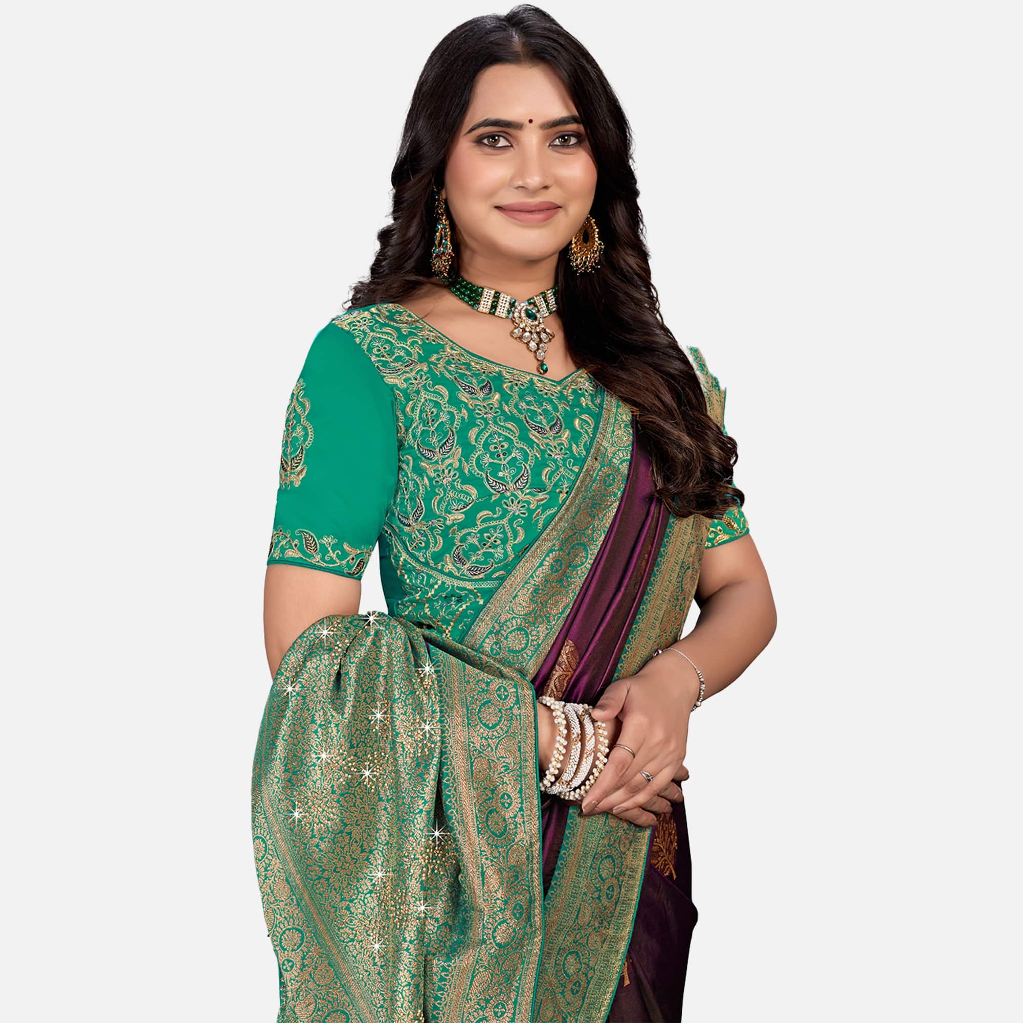 Amolika Sarees Deep Wine & Green Silk Saree With Fully Stitched Contrast Blouse & Extra Unstitched Blouse Fabric
