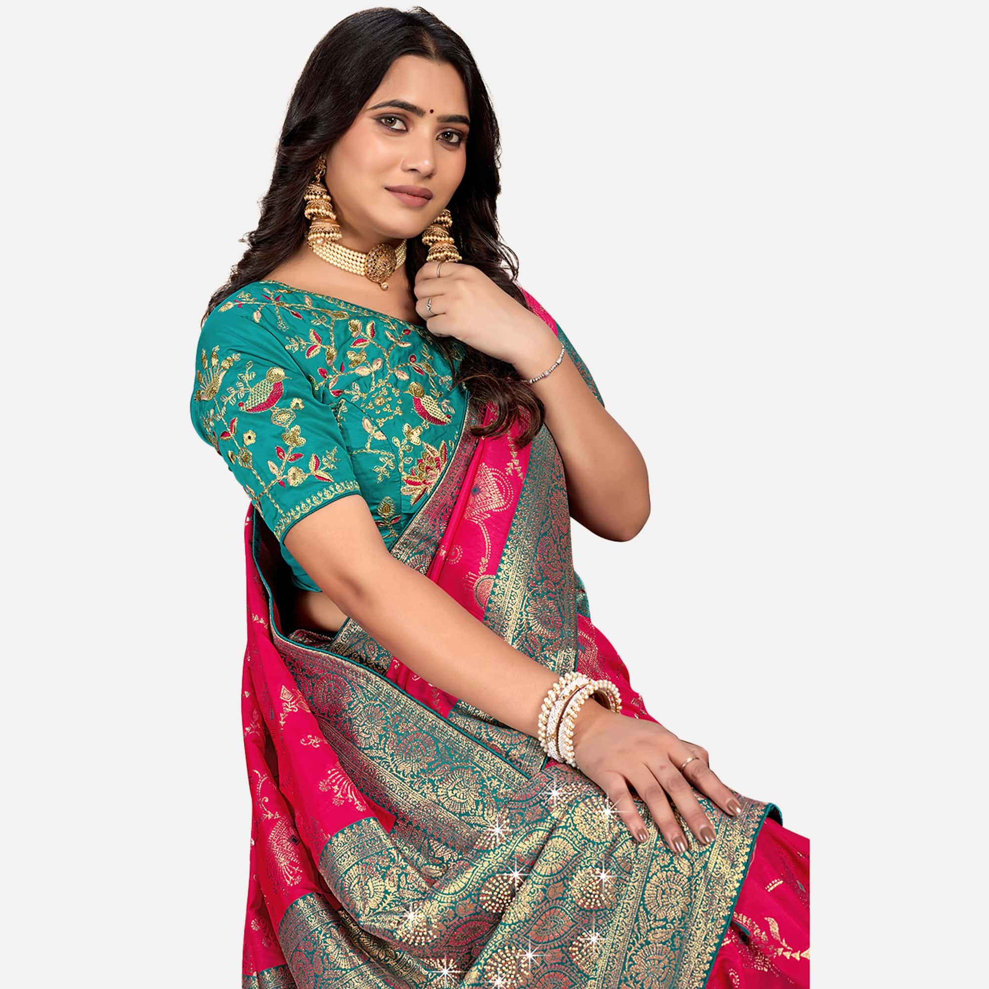 Amolika Sarees Pink & Teal Green Silk Saree With Fully Stitched Contrast Blouse & Extra Unstitched Blouse Fabric