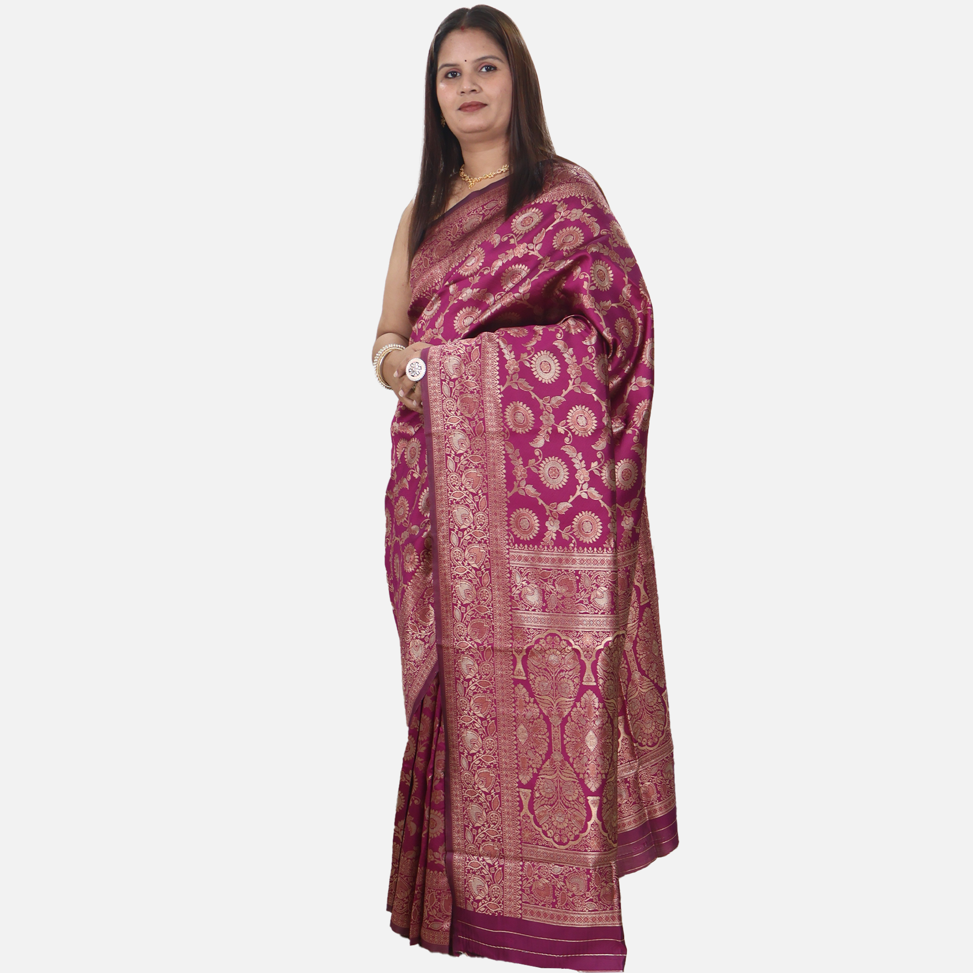 Amolika Sarees Wine Banarasi Silk Saree With Elegant Finish & Unstitched Blouse Piece For Wedding Wear