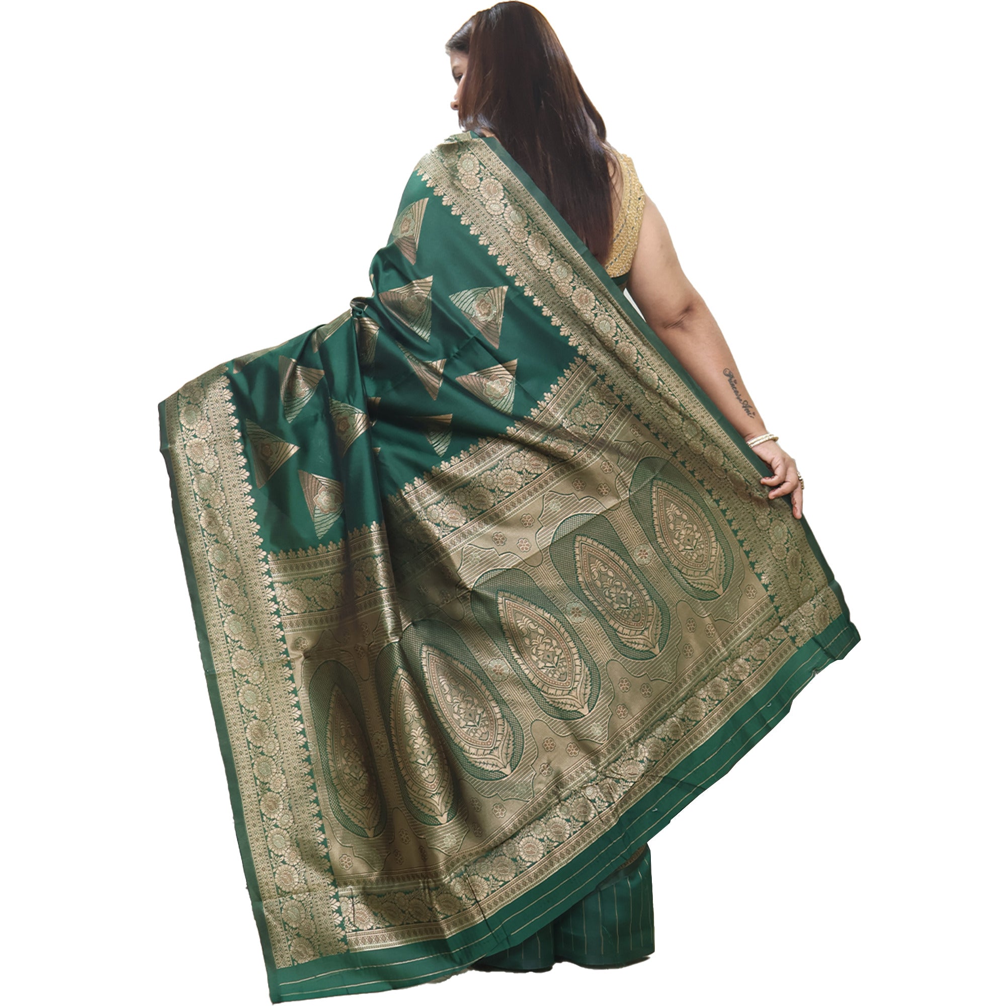 Amolika Sarees Ethnic Bottle Green Banarasi Silk Saree With Premium Weave & Unstitched Blouse Piece