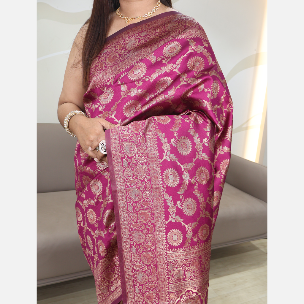 Amolika Sarees Wine Banarasi Silk Saree With Elegant Finish & Unstitched Blouse Piece For Wedding Wear