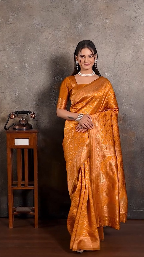 Amolika Sarees Magic Silk Saree Orange With Heavy Zari Woven Border & Unstitched Blouse Piece Party Wear