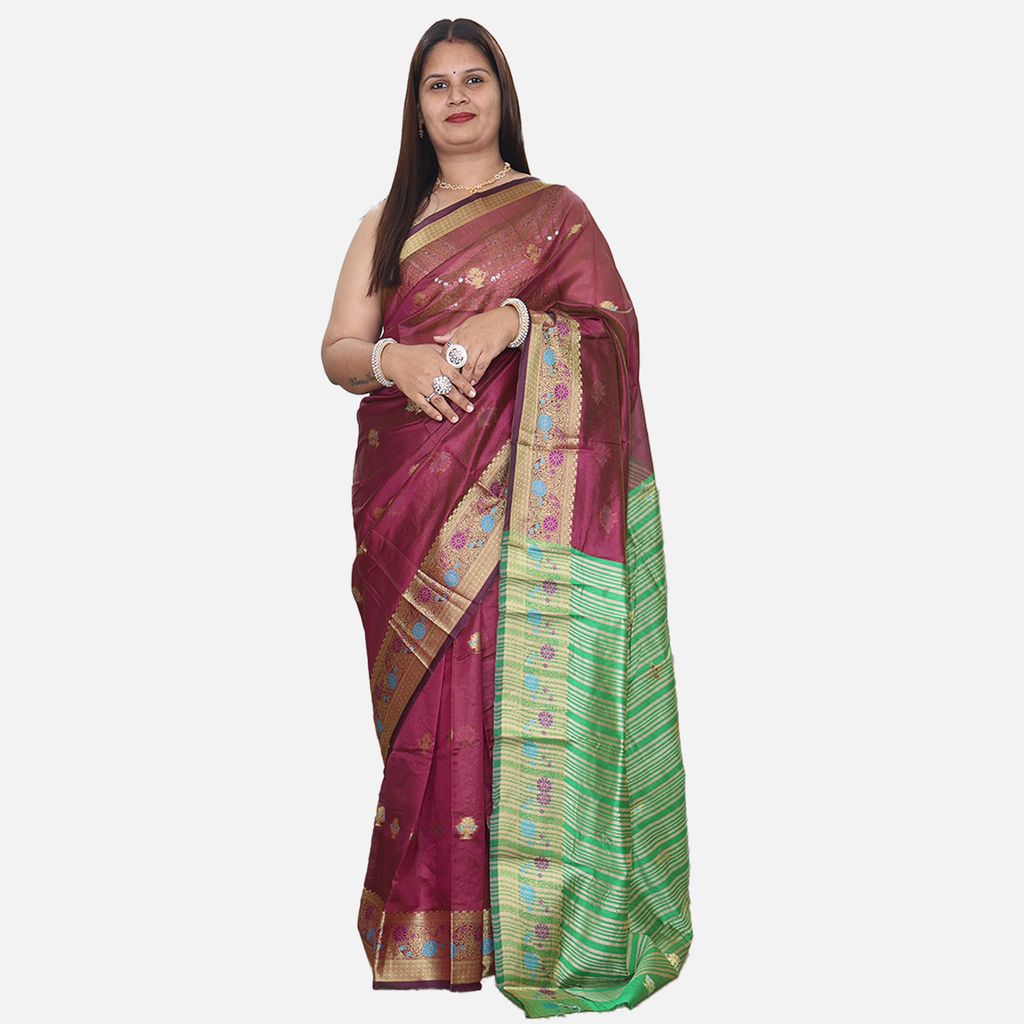 Amolika Sarees Maroon Organza Silk Saree With Traditional Butta Design & Chit Pallu Unstitched Blouse