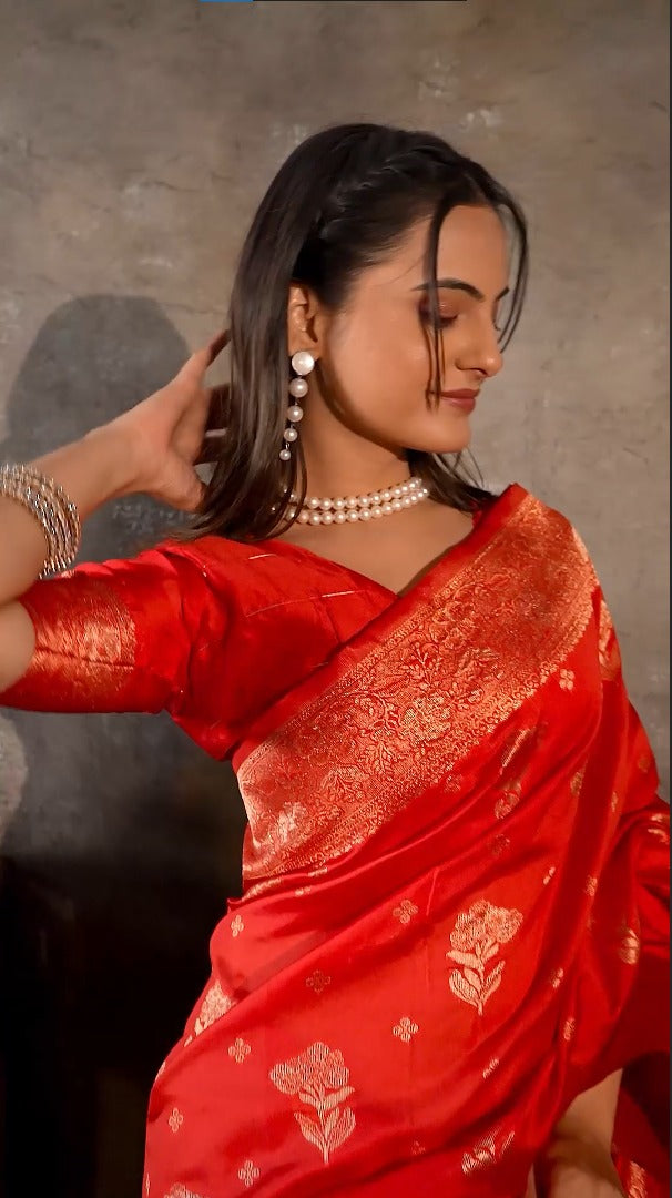 Amolika Scarlet Red Designer Saree Premium Magic Silk With Matching Unstitched Blouse