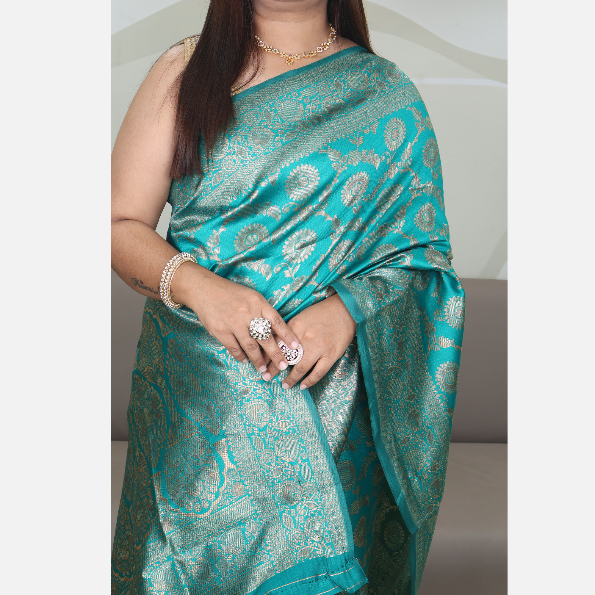 Amolika Sarees Teal Green Pure Banarasi Silk Saree With Zarkhan Work & Unstitched Blouse Piece