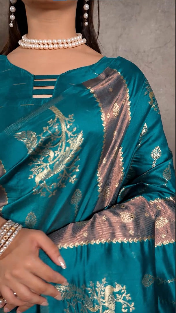 Amolika Regal Weave Teal Magic Silk Saree With Signature Zari & Unstitched Blouse