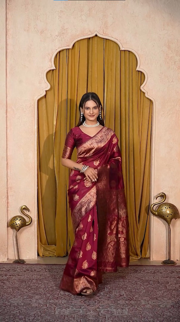 Amolika Designer Magic Silk Wine Saree With Rich Gold Zari Work & Swarovski Highlights With Unstitched Blouse Piece