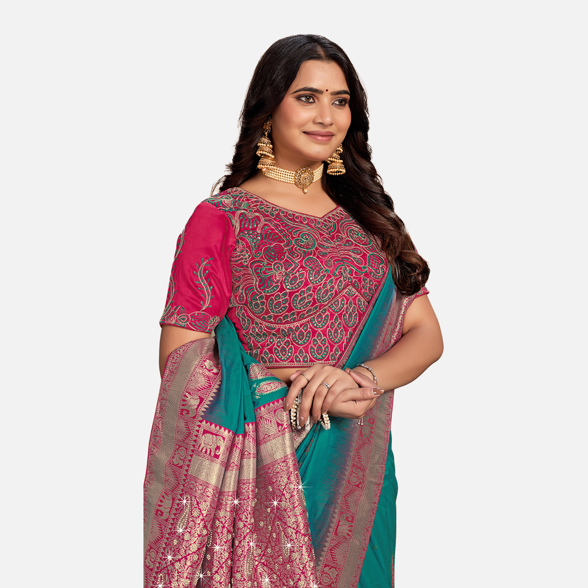 Amolika Sarees Teal Green & Pink Silk Saree With Fully Stitched Contrast Blouse & Extra Unstitched Blouse Fabric
