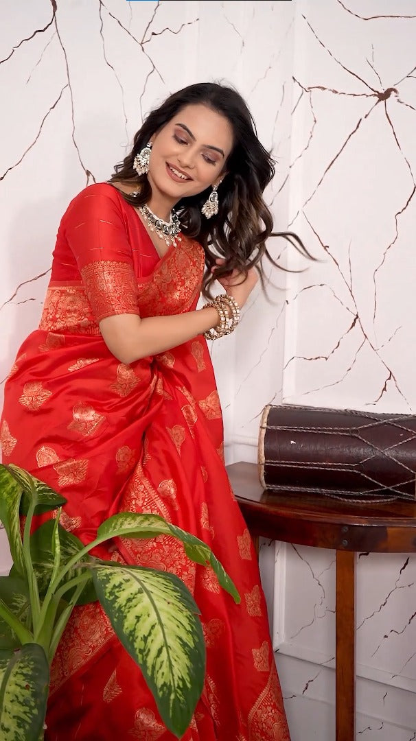 Amolika Sarees Royal Red Magic Silk Saree With Heavy Zari Border & Unstitched Blouse Piece