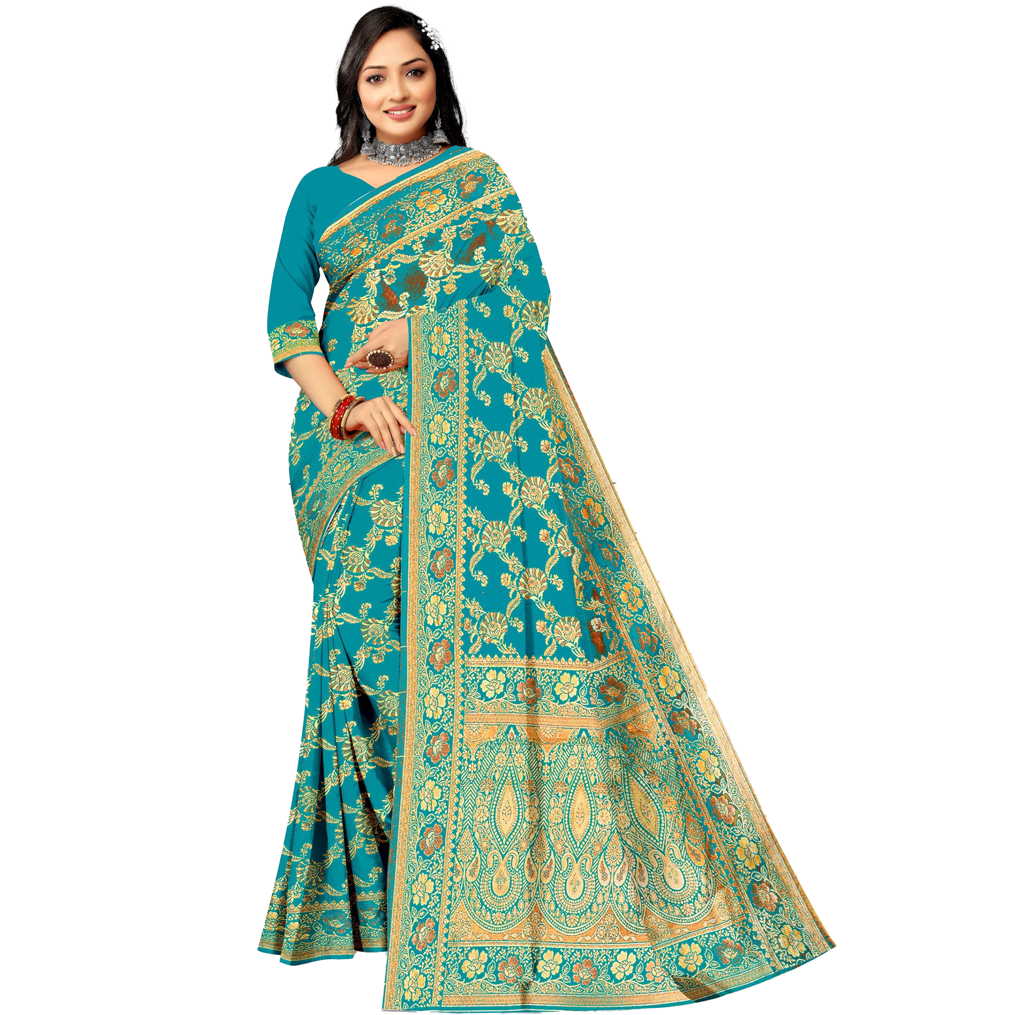 Amolika Sarees Banarasi Silk Teal Blue Saree With Rich Zari Weaving | Unstitched Blouse Included