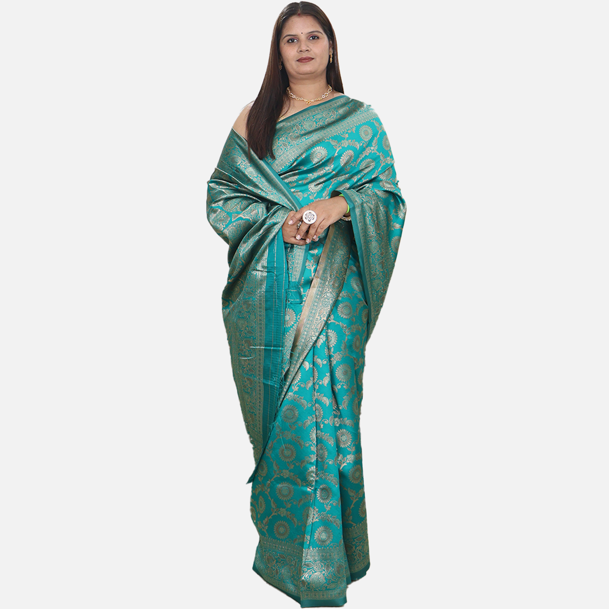 Amolika Sarees Teal Green Pure Banarasi Silk Saree With Zarkhan Work & Unstitched Blouse Piece