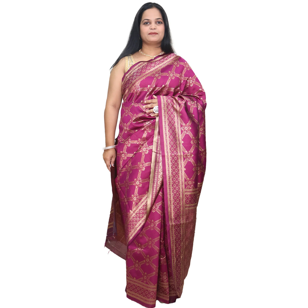 Amolika Sarees Regal Touch Wine Banarasi Silk Saree With Luxury Zari Finish & Unstitched Blouse