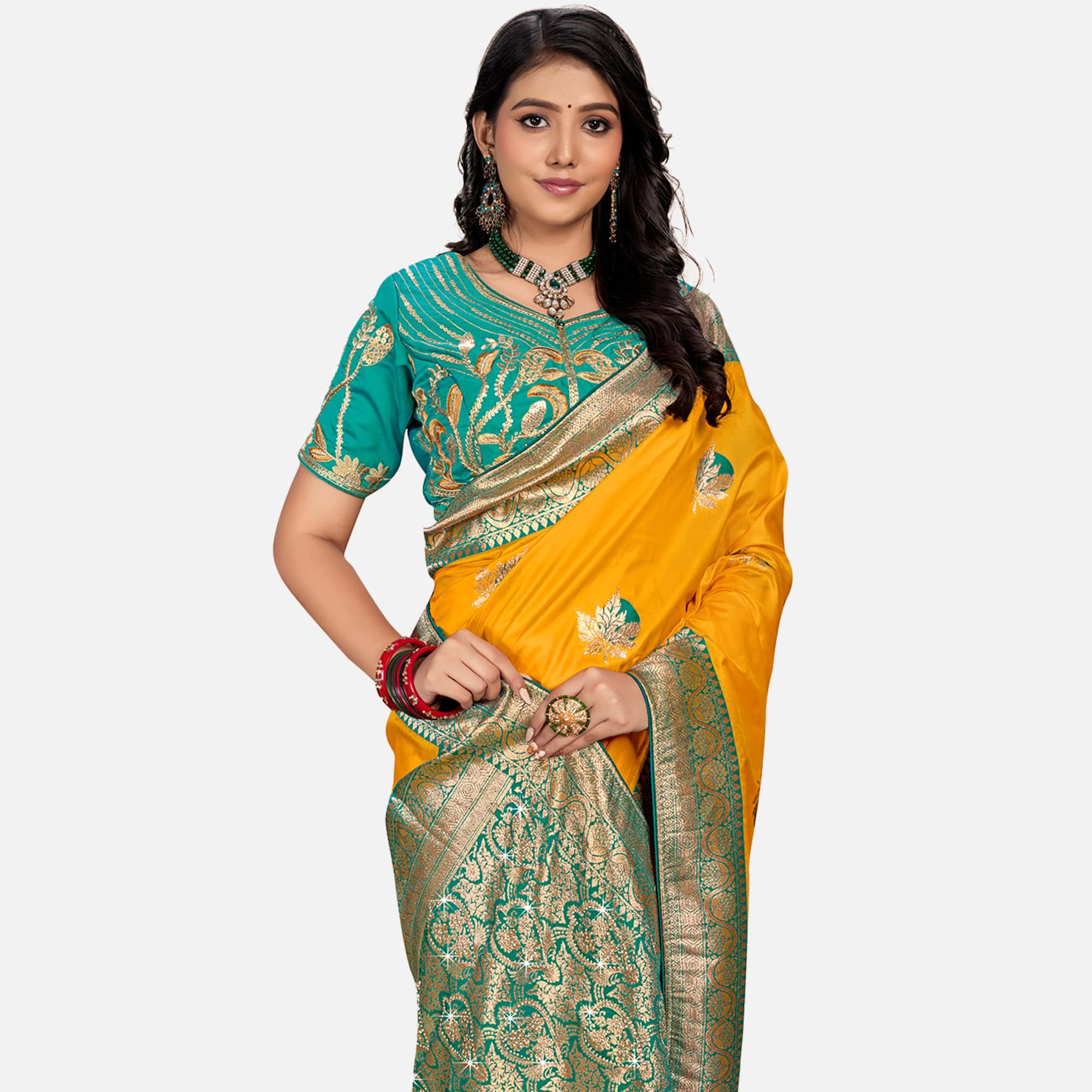 Amolika Sarees Mustard & Teal Green Silk Saree With Fully Stitched Contrast Blouse & Extra Unstitched Blouse Fabric