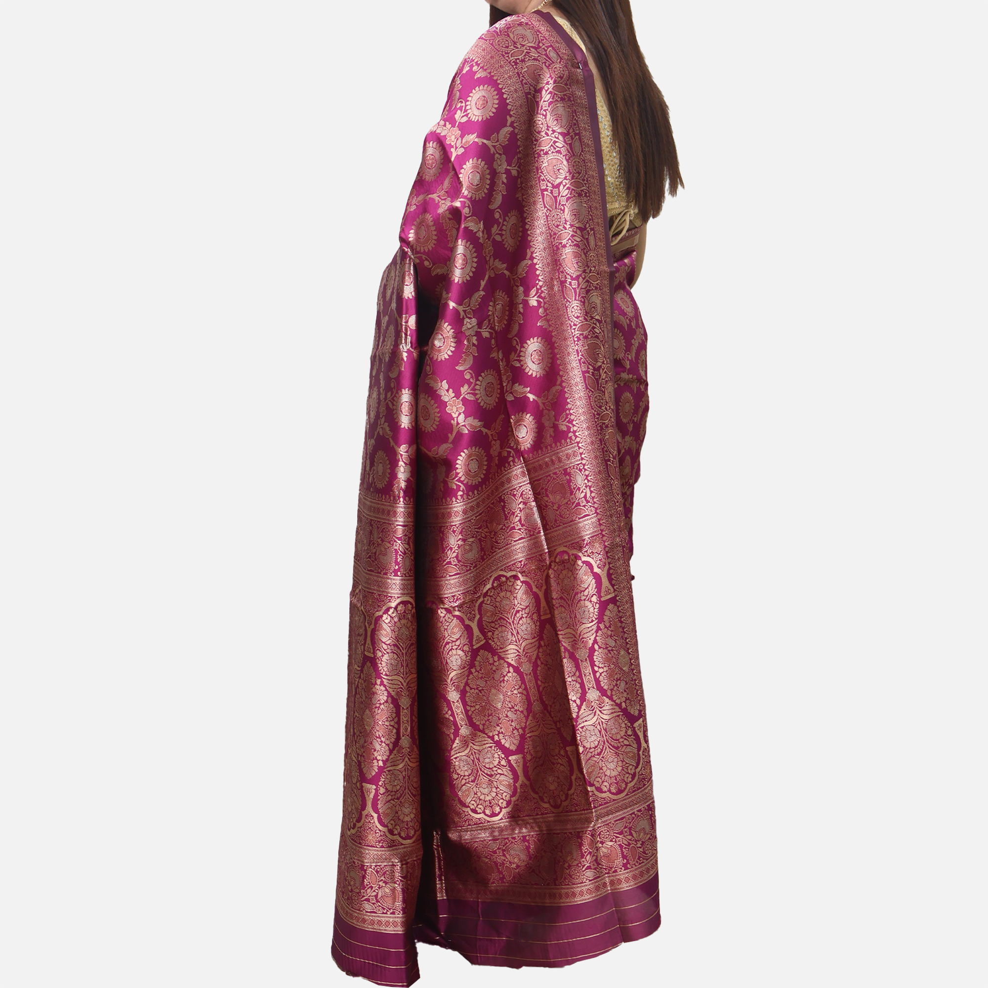 Amolika Sarees Wine Banarasi Silk Saree With Elegant Finish & Unstitched Blouse Piece For Wedding Wear