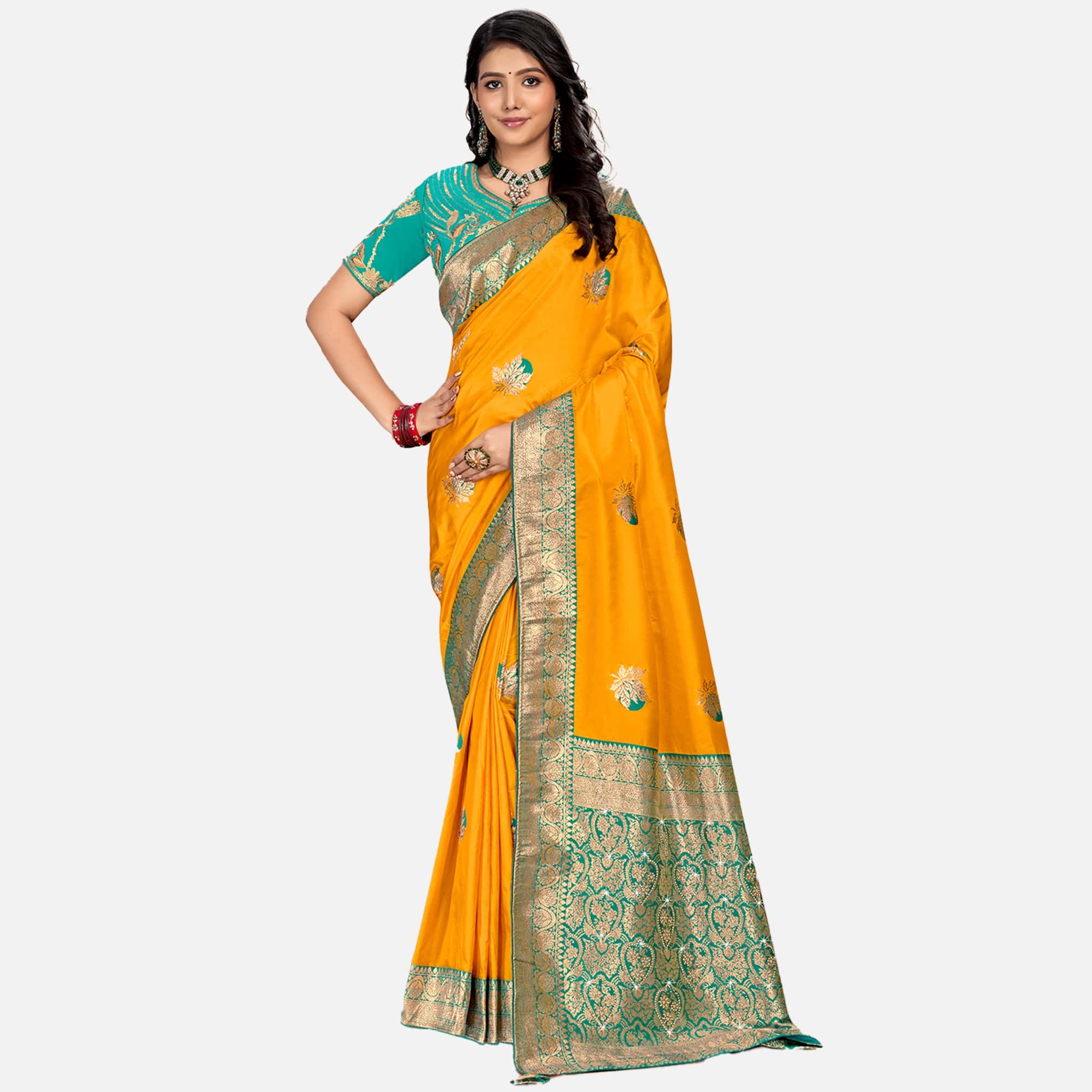 Amolika Sarees Mustard & Teal Green Silk Saree With Fully Stitched Contrast Blouse & Extra Unstitched Blouse Fabric