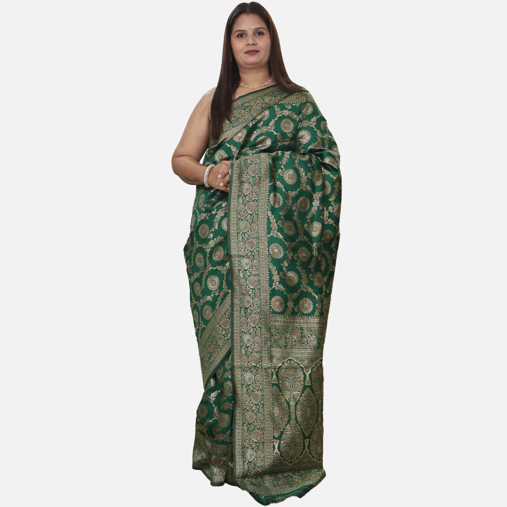 Amolika Sarees Bottle Green Pure Banarasi Silk Saree With Unstitched Blouse