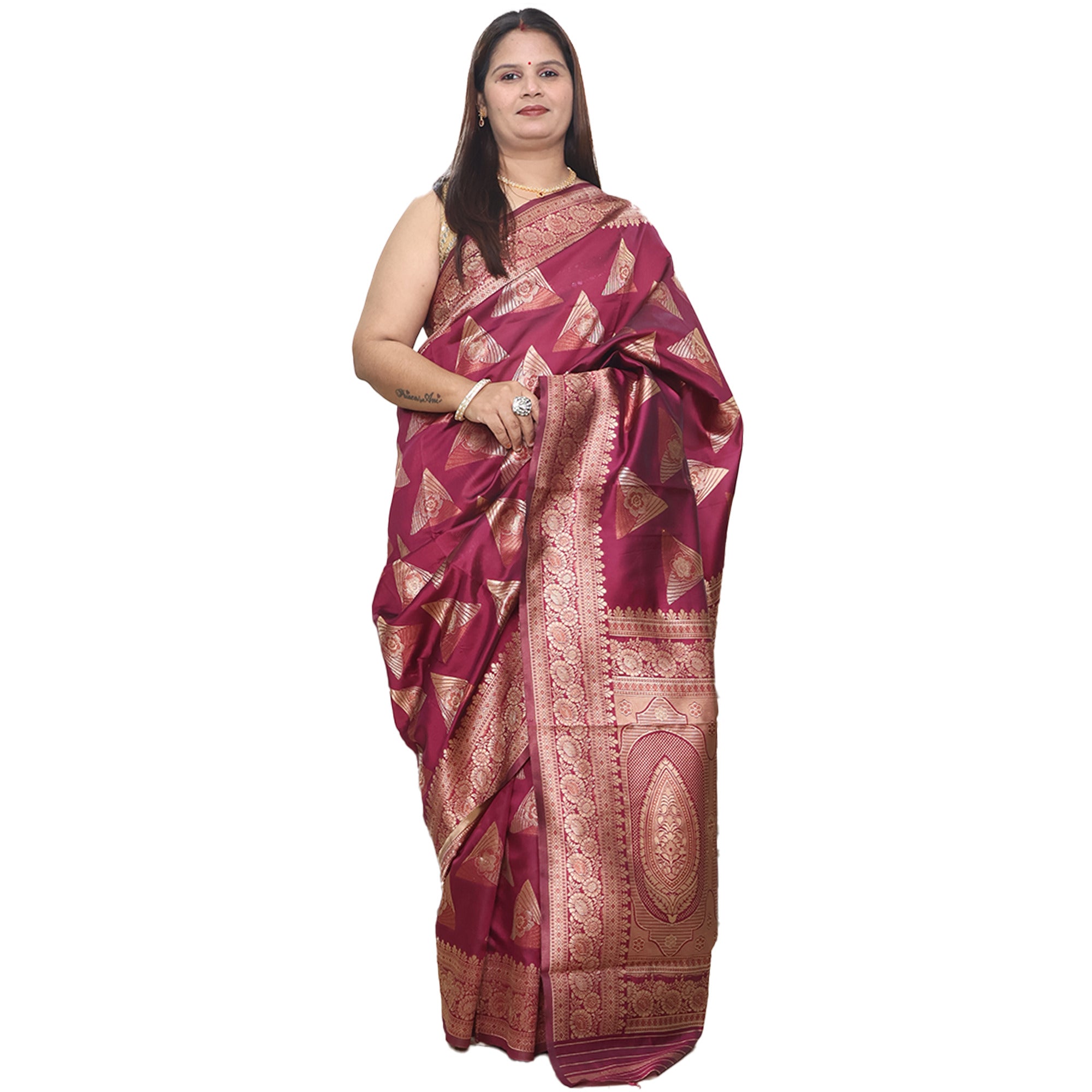 Amolika Sarees Classic Deep Wine Banarasi Silk Saree With Heavy Border Look & Unstitched Blouse