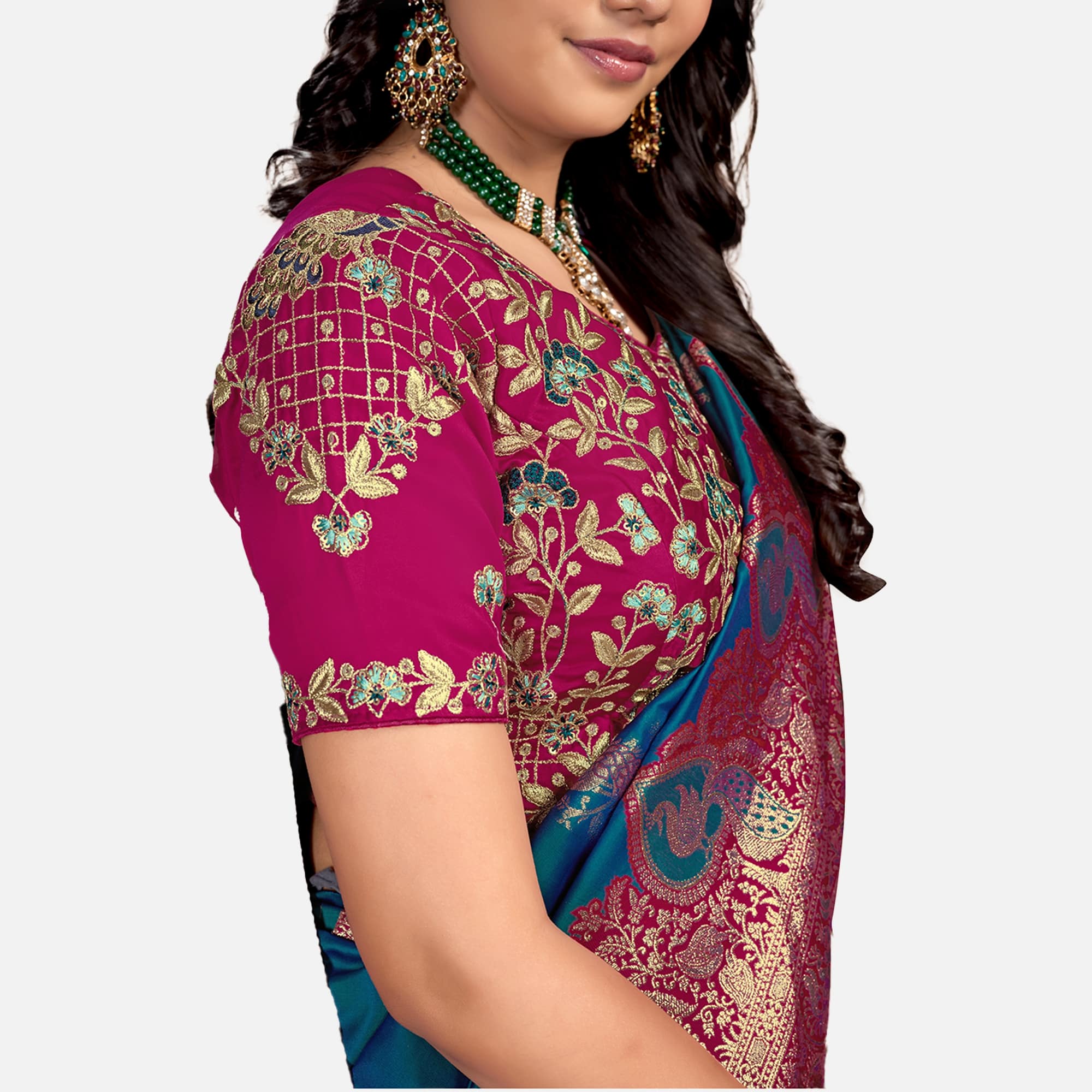 Amolika Sarees Teal Blue & Rani Pink Silk Saree With Fully Stitched Contrast Blouse & Extra Unstitched Blouse Fabric