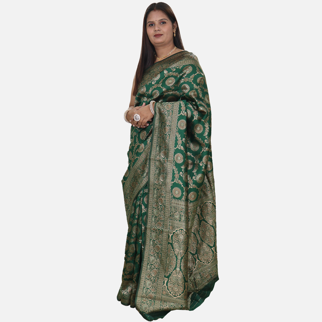 Amolika Sarees Bottle Green Pure Banarasi Silk Saree With Unstitched Blouse