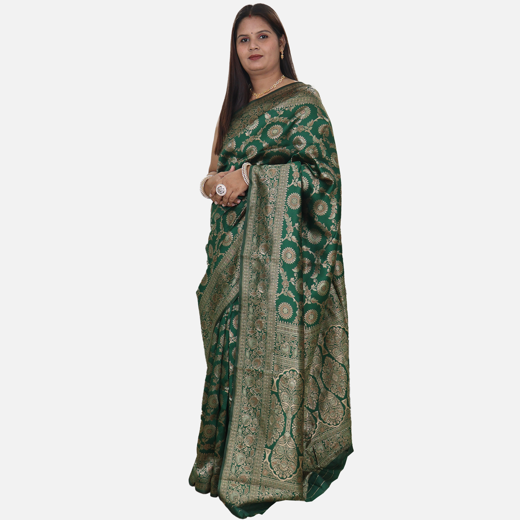 Amolika Sarees Bottle Green Pure Banarasi Silk Saree With Unstitched Blouse