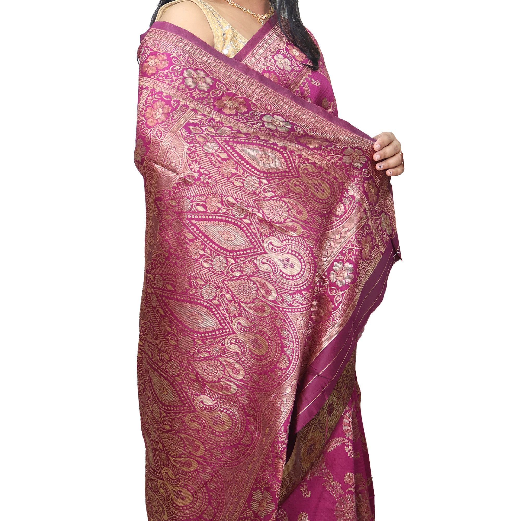 Amolika Sarees Wine Banarasi Silk Saree With Gold Zari Floral Weaving | Unstitched Blouse Included