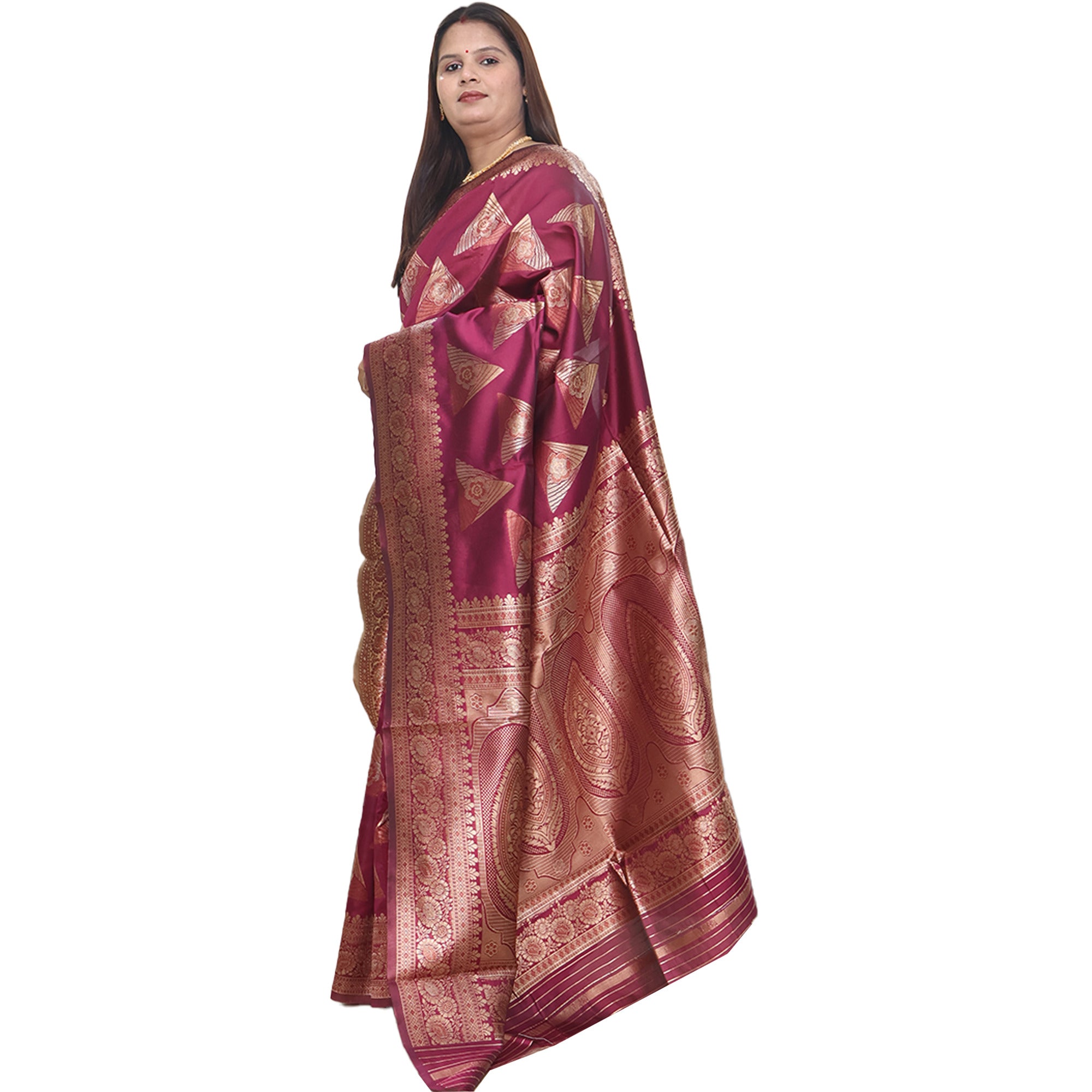 Amolika Sarees Classic Deep Wine Banarasi Silk Saree With Heavy Border Look & Unstitched Blouse