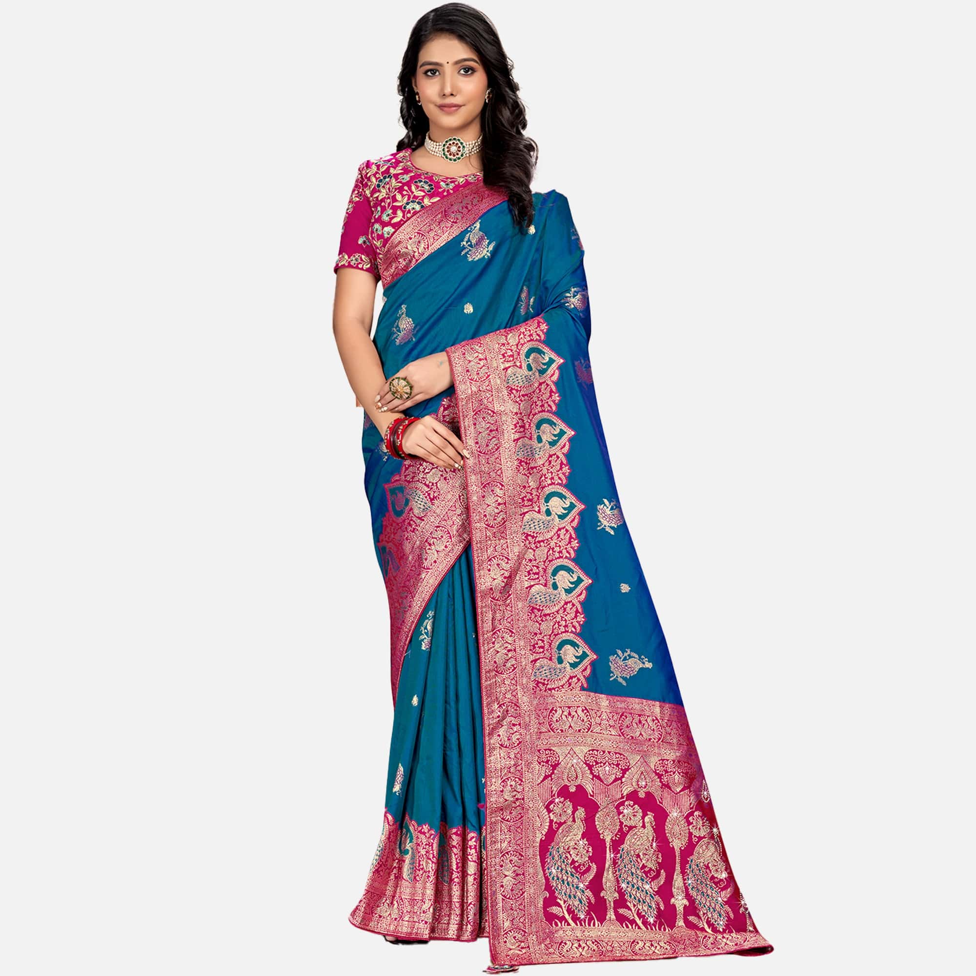 Amolika Sarees Teal Blue & Rani Pink Silk Saree With Fully Stitched Contrast Blouse & Extra Unstitched Blouse Fabric
