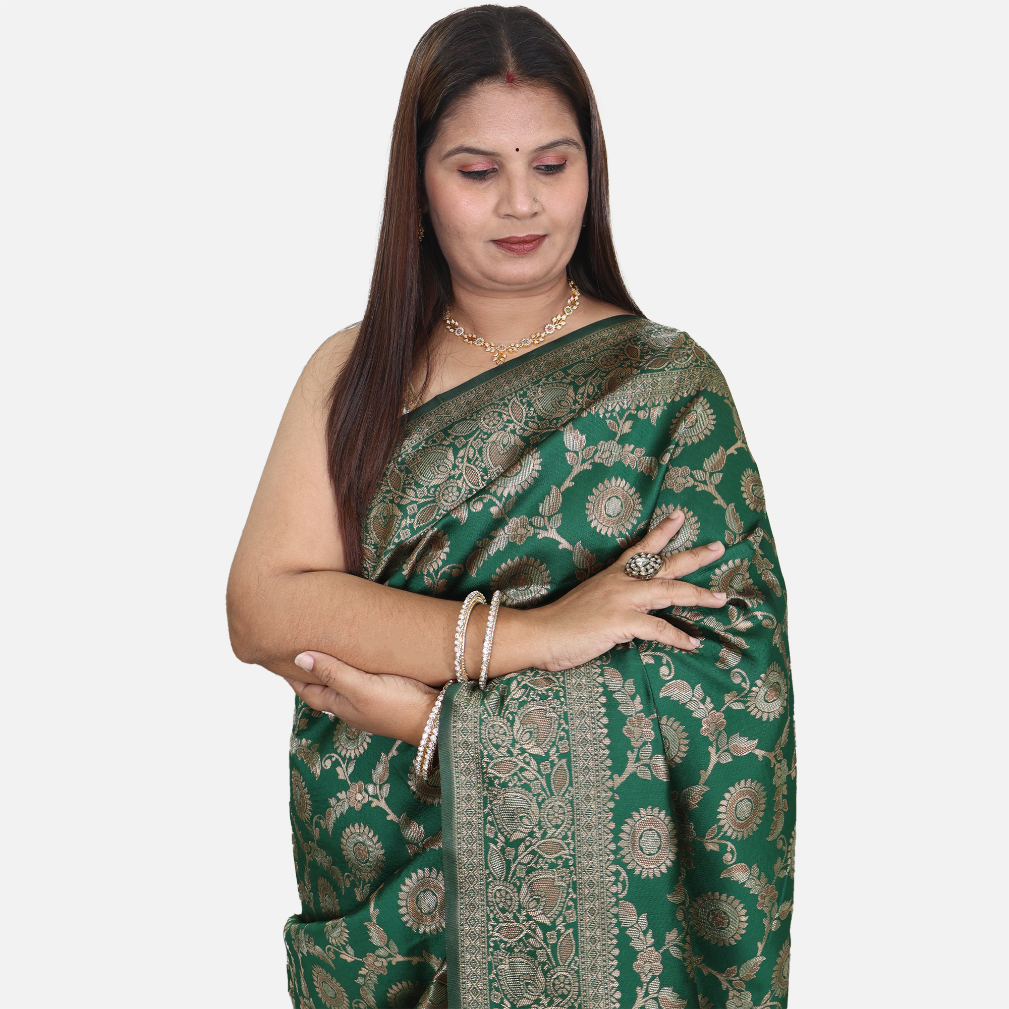 Amolika Sarees Bottle Green Pure Banarasi Silk Saree With Unstitched Blouse