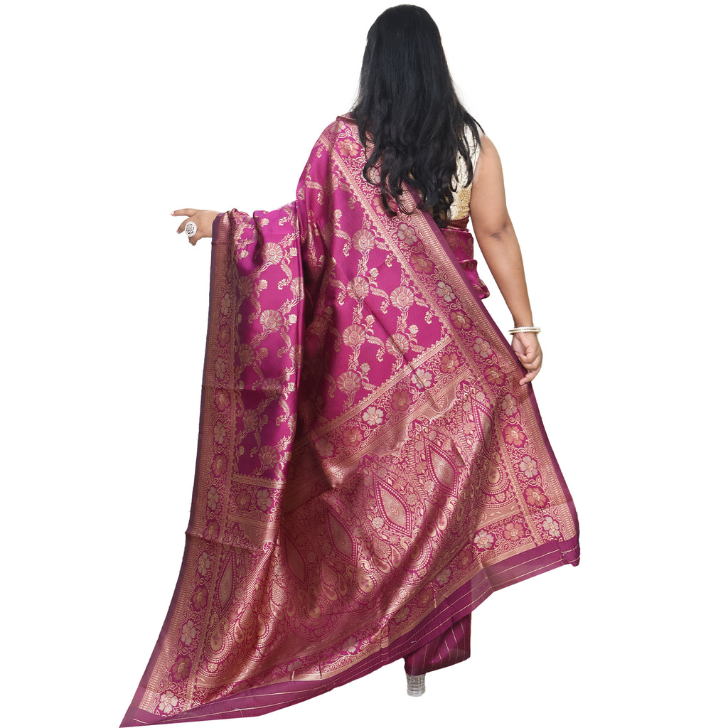 Amolika Sarees Wine Banarasi Silk Saree With Gold Zari Floral Weaving | Unstitched Blouse Included