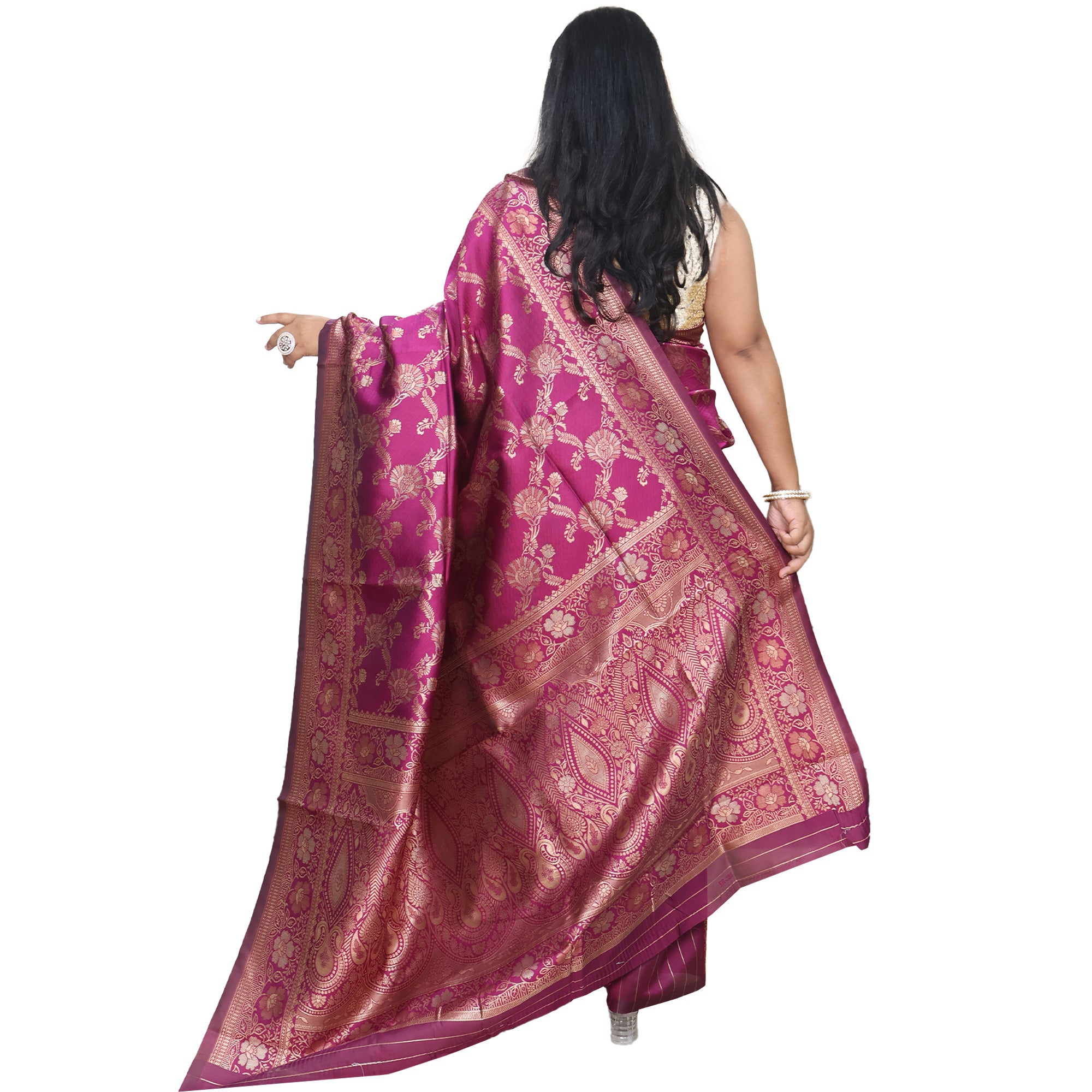 Amolika Sarees Wine Banarasi Silk Saree With Gold Zari Floral Weaving | Unstitched Blouse Included