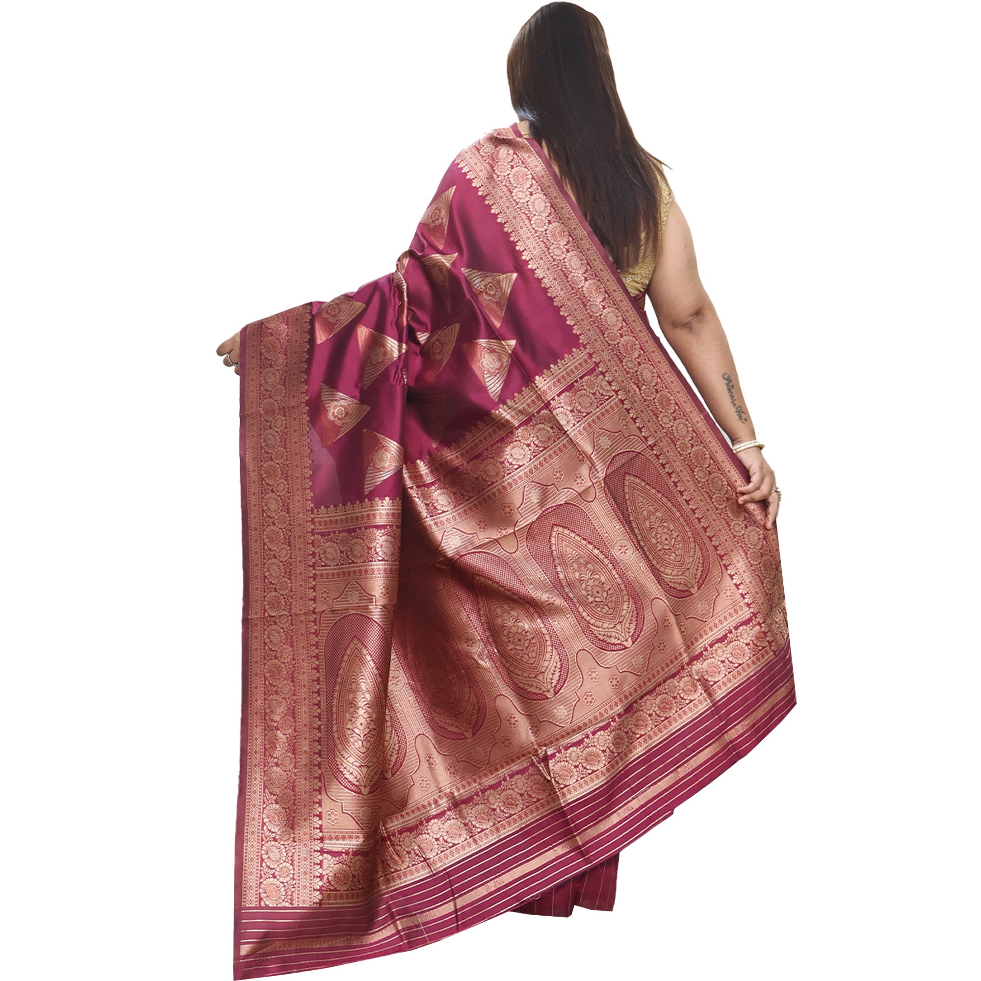 Amolika Sarees Classic Deep Wine Banarasi Silk Saree With Heavy Border Look & Unstitched Blouse