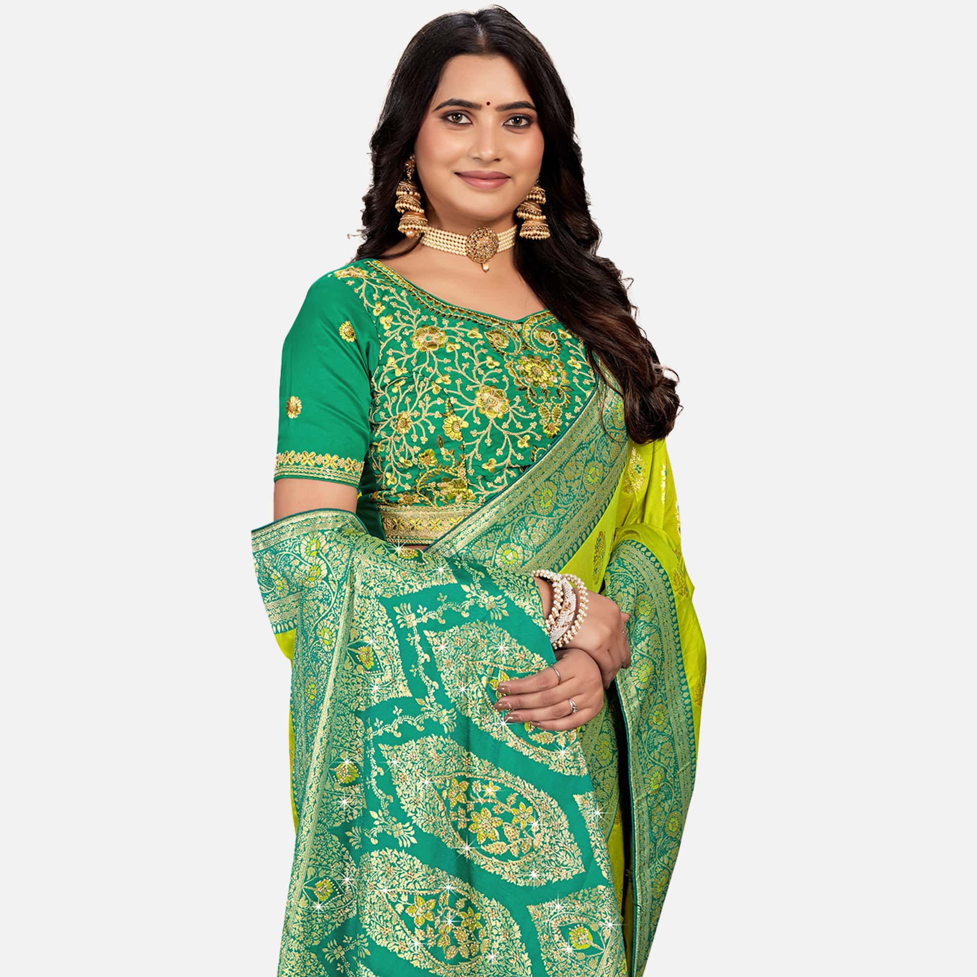 Amolika Sarees Parrot Green & Teal Green Silk Saree With Fully Stitched Contrast Blouse & Extra Unstitched Blouse Fabric