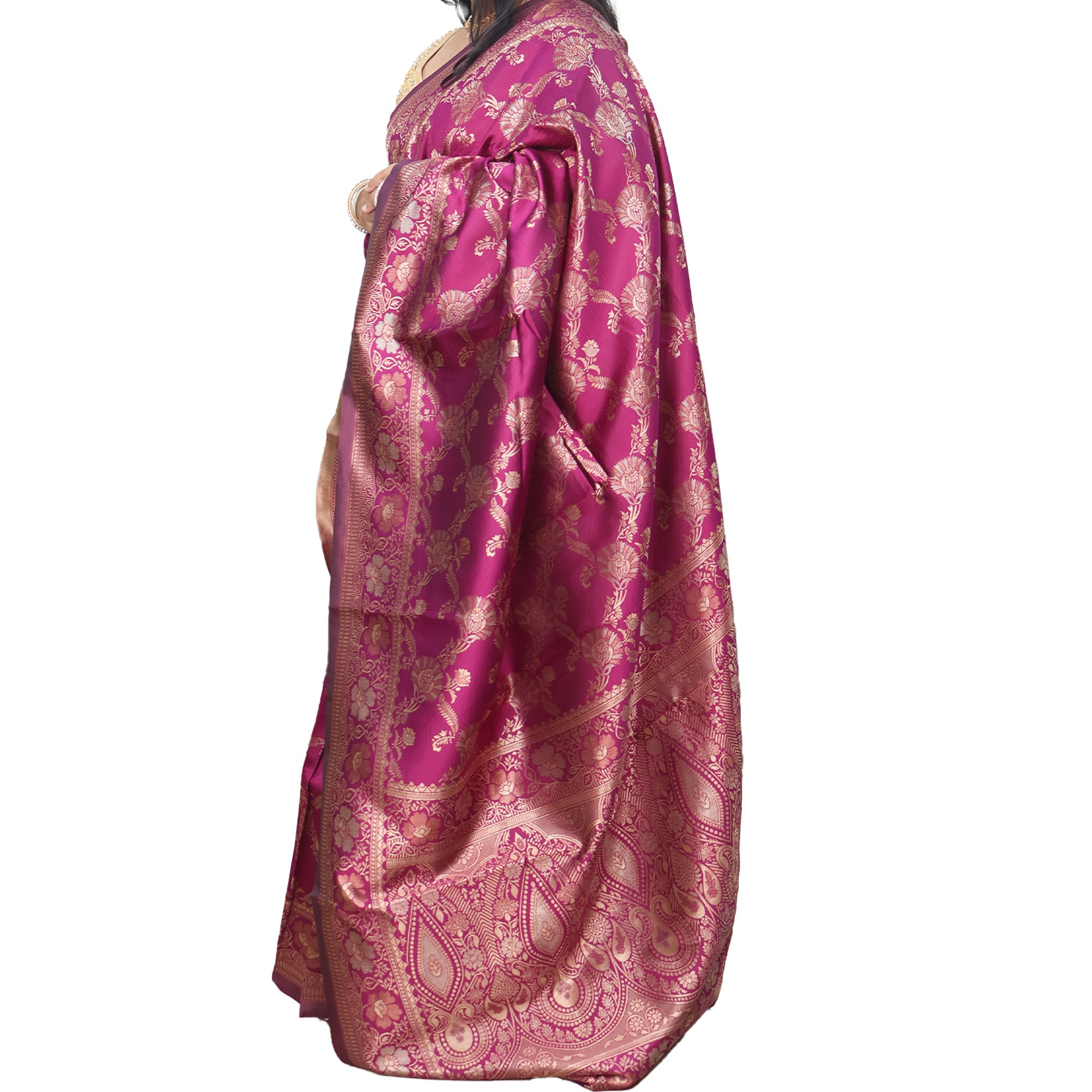 Amolika Sarees Wine Banarasi Silk Saree With Gold Zari Floral Weaving | Unstitched Blouse Included