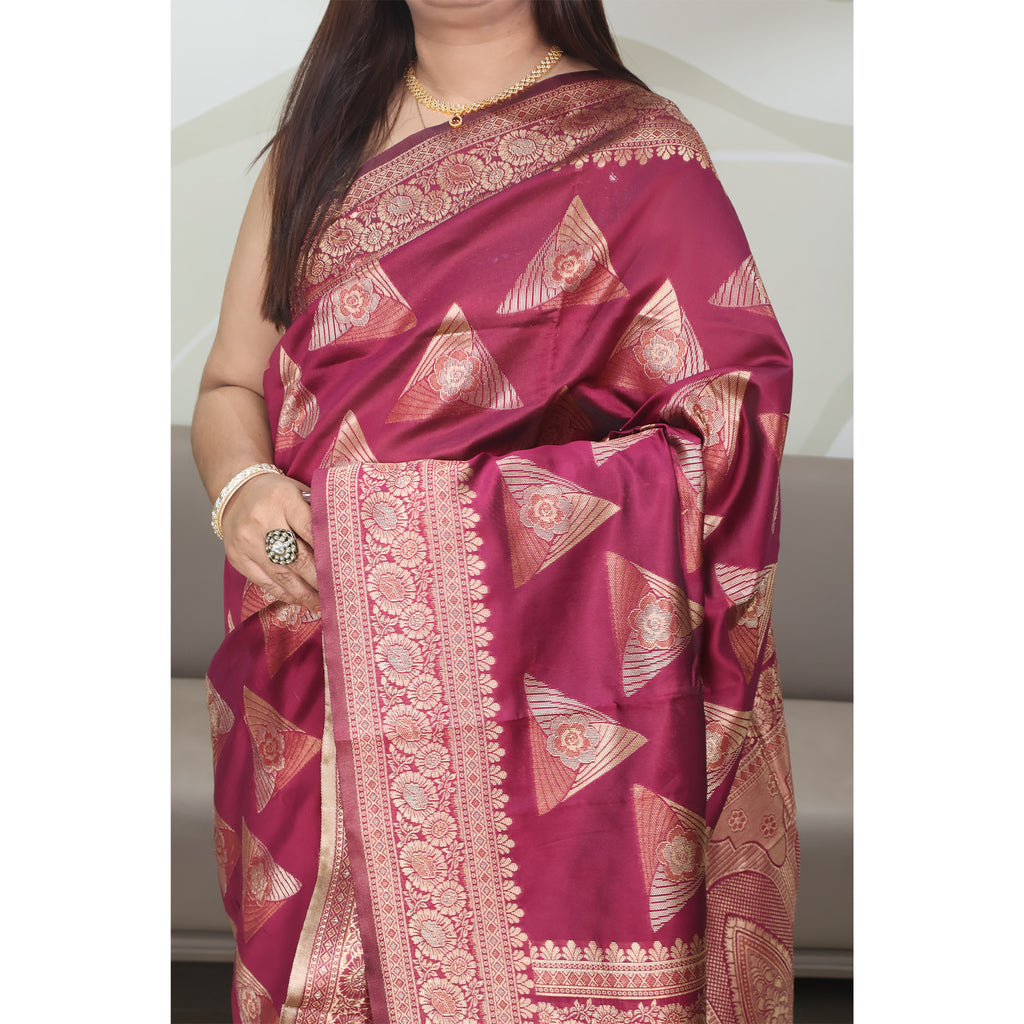 Amolika Sarees Classic Deep Wine Banarasi Silk Saree With Heavy Border Look & Unstitched Blouse