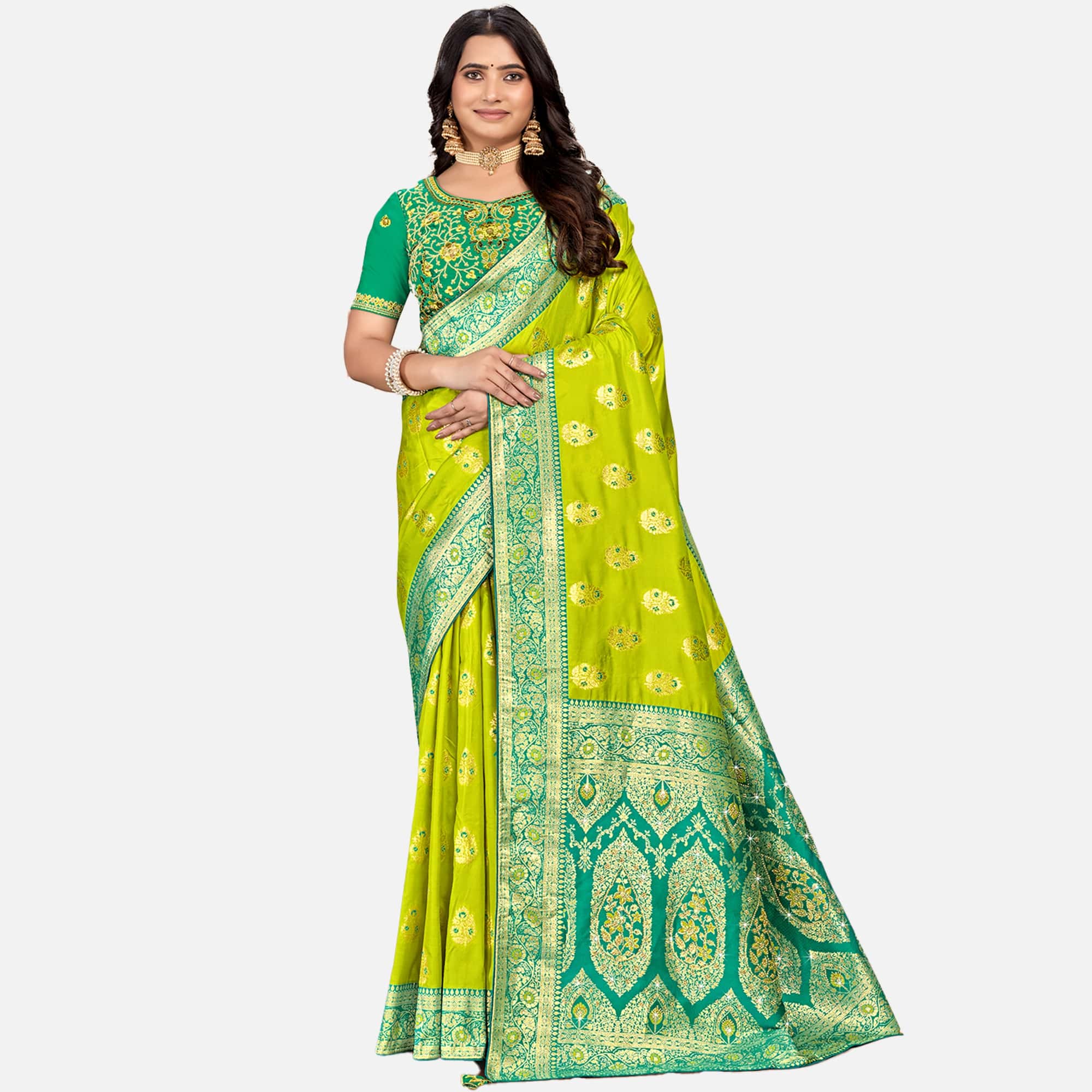 Amolika Sarees Parrot Green & Teal Green Silk Saree With Fully Stitched Contrast Blouse & Extra Unstitched Blouse Fabric