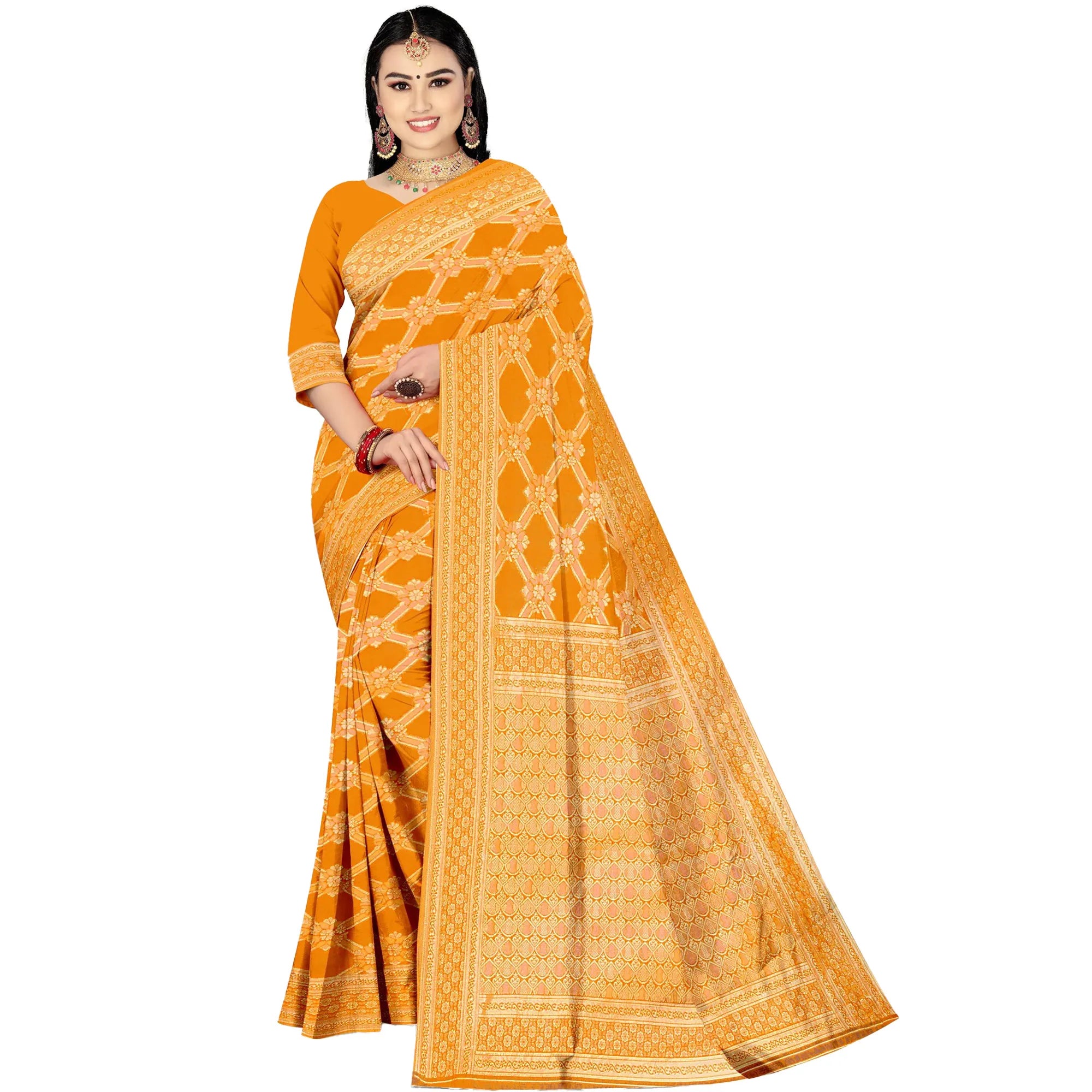 Amolika Sarees Mustard Banarasi Silk Saree With Premium Gold Zari Craft & Unstitched Blouse