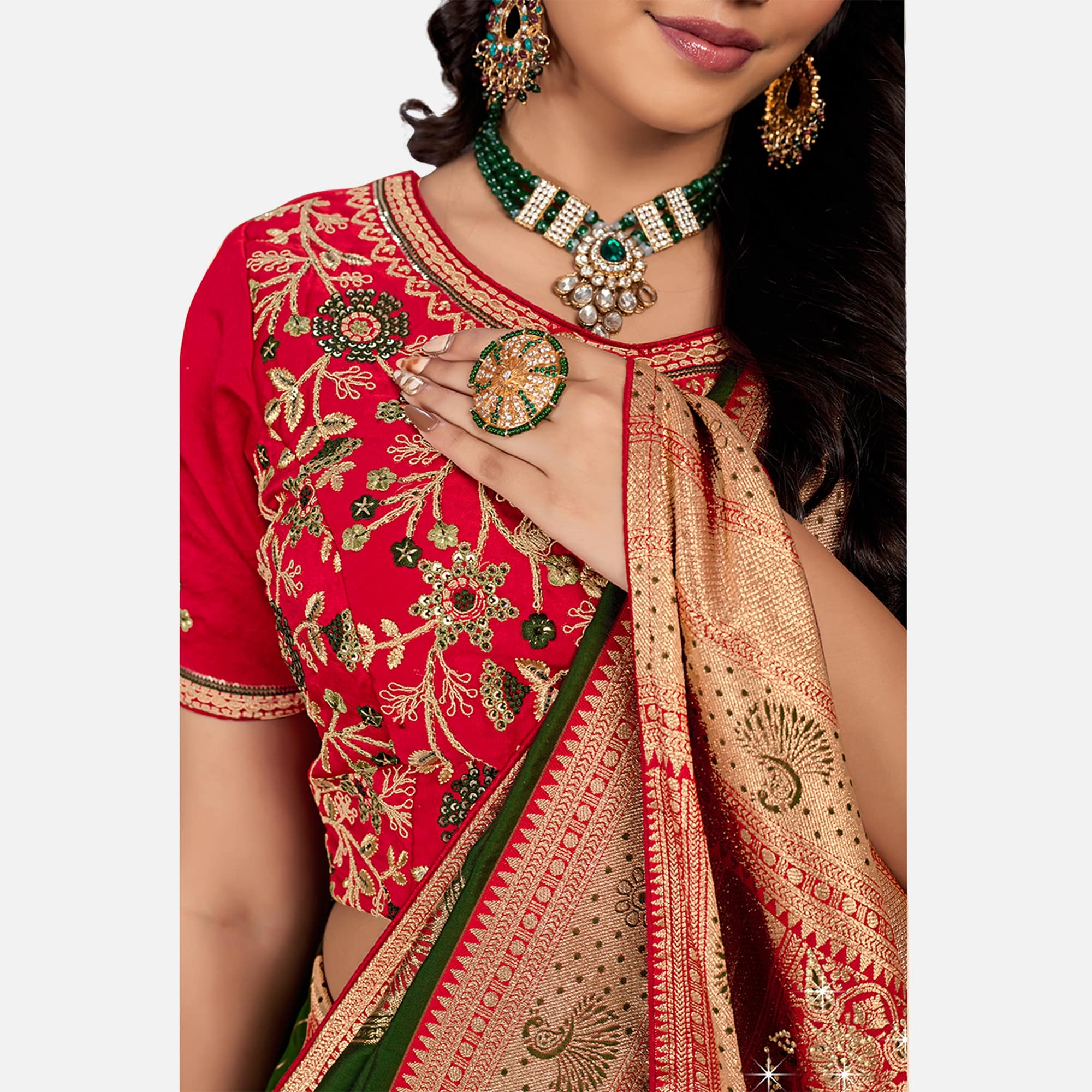 Amolika Sarees Bottle Green & Red Silk Saree With Fully Stitched Contrast Blouse & Extra Unstitched Blouse Fabric