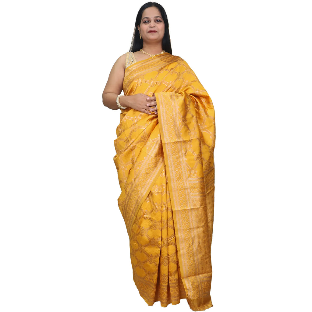 Amolika Sarees Mustard Banarasi Silk Saree With Premium Gold Zari Craft & Unstitched Blouse