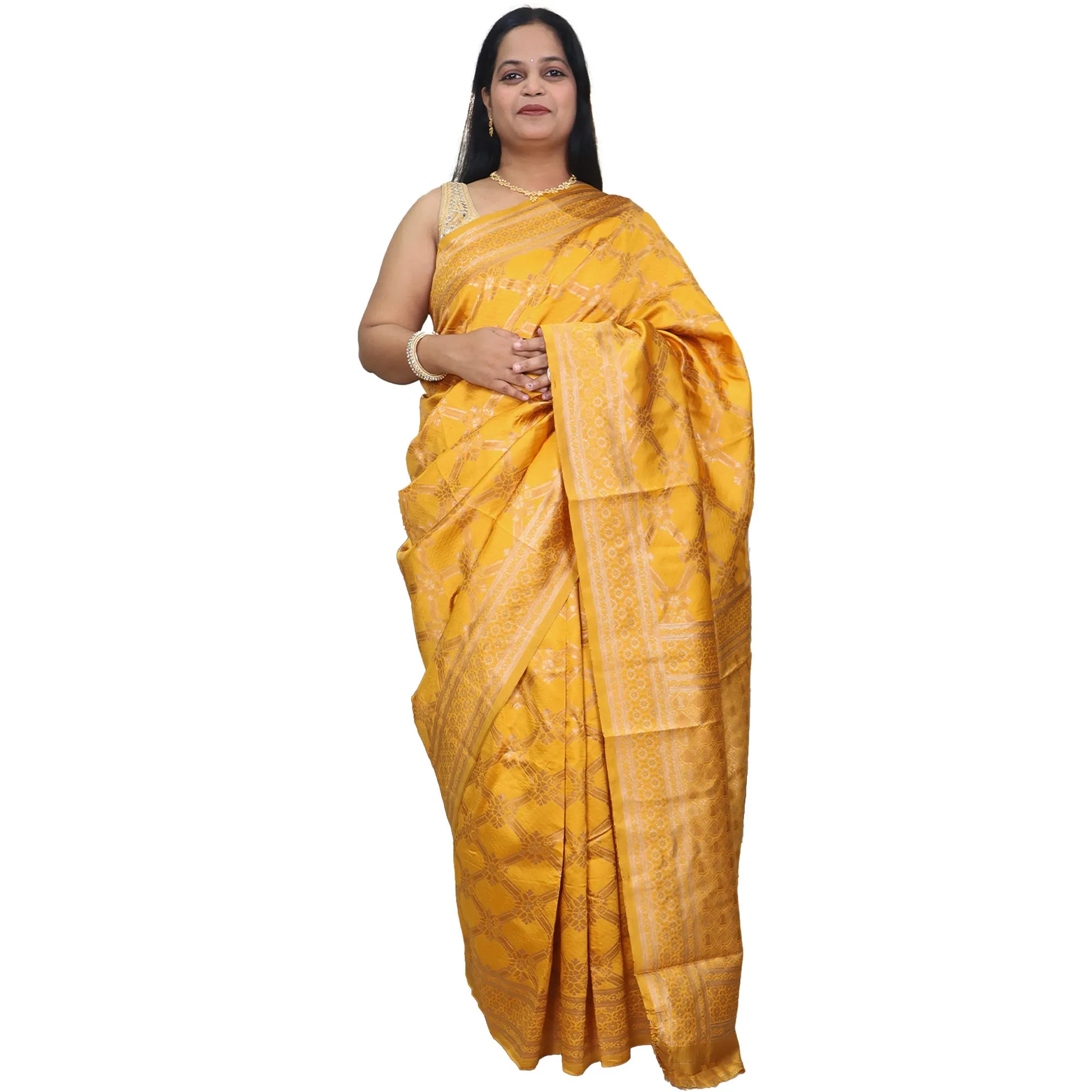 Amolika Sarees Mustard Banarasi Silk Saree With Premium Gold Zari Craft & Unstitched Blouse