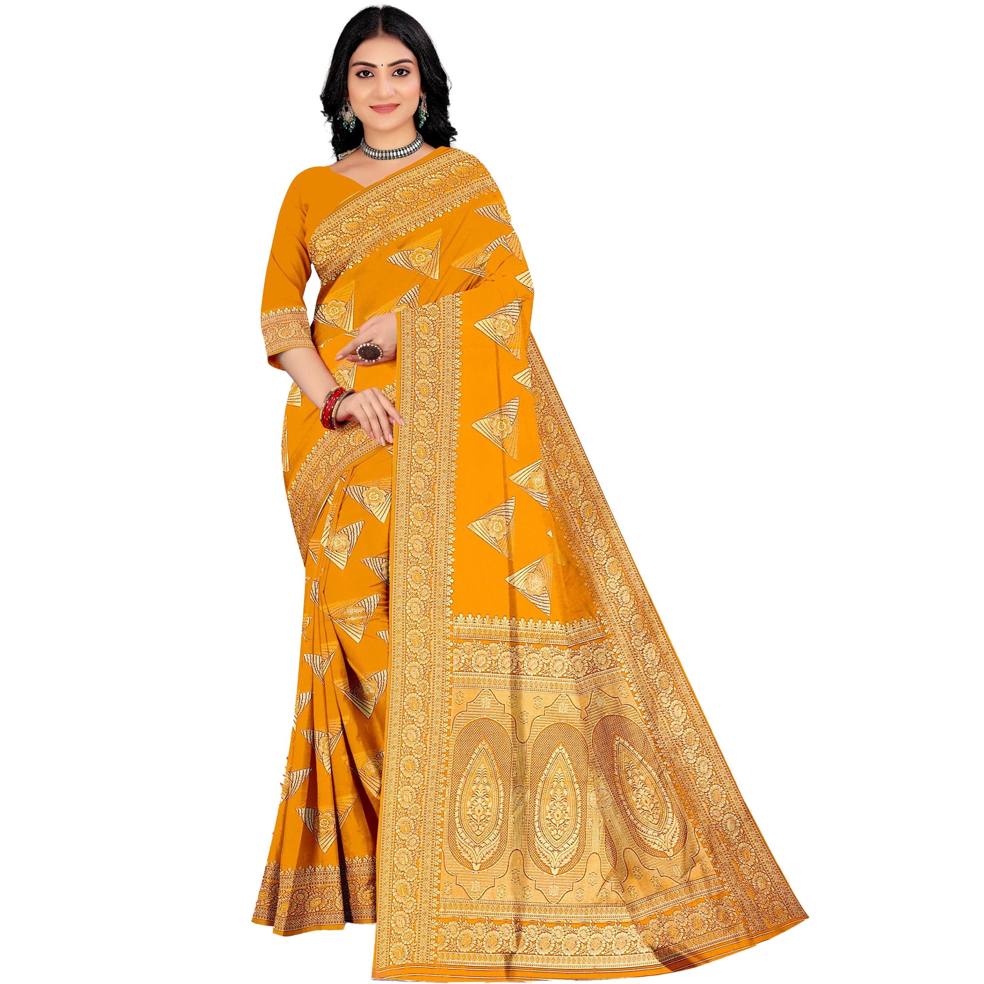 Amolika Sarees Mustard Pure Banarasi Silk Saree With Rich Butta Zari Work & Unstitched Blouse Piece